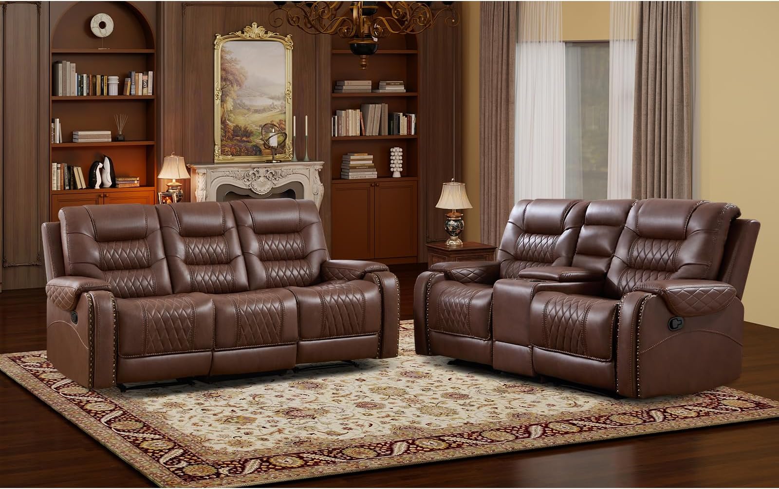 EBELLO 2 Pieces Faux Leather Manual Recliner Sofa Set, Reclining Living Room Furniture Set, Included Loveseat and 3 Seat Manual Recliner Sofa, Vintage Rivet Design for Living Room, Brown