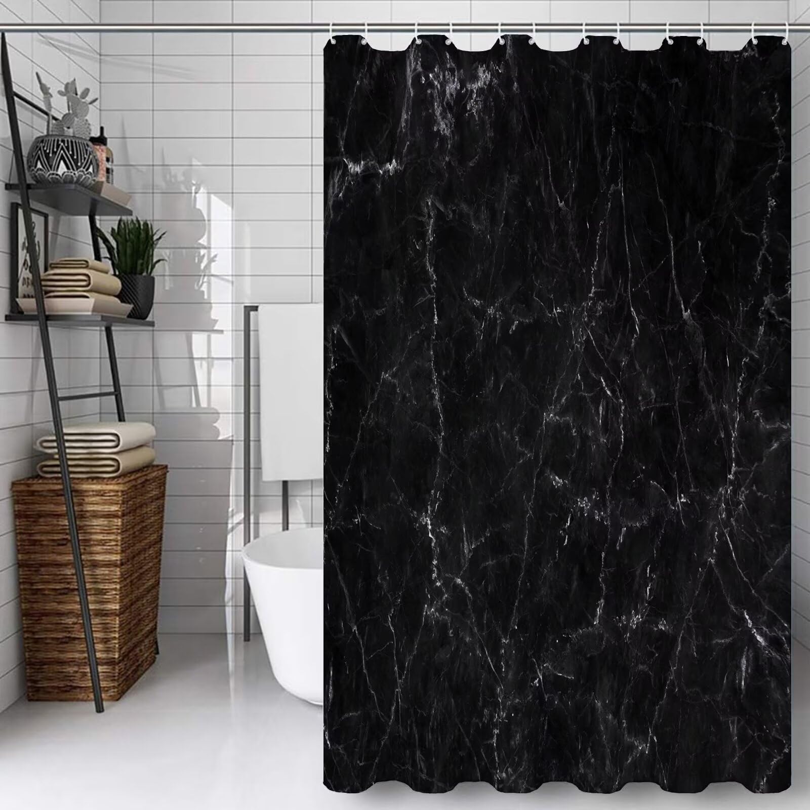 Noir Rideau Douche 180x210cm Rideau de Douche Rêve Shower Curtain – Impression Polyester Tissu – avec 12 Crochets – Tissu Lavable en Machine – Imperméable – pour Salle de Bain – Hôtel D#350