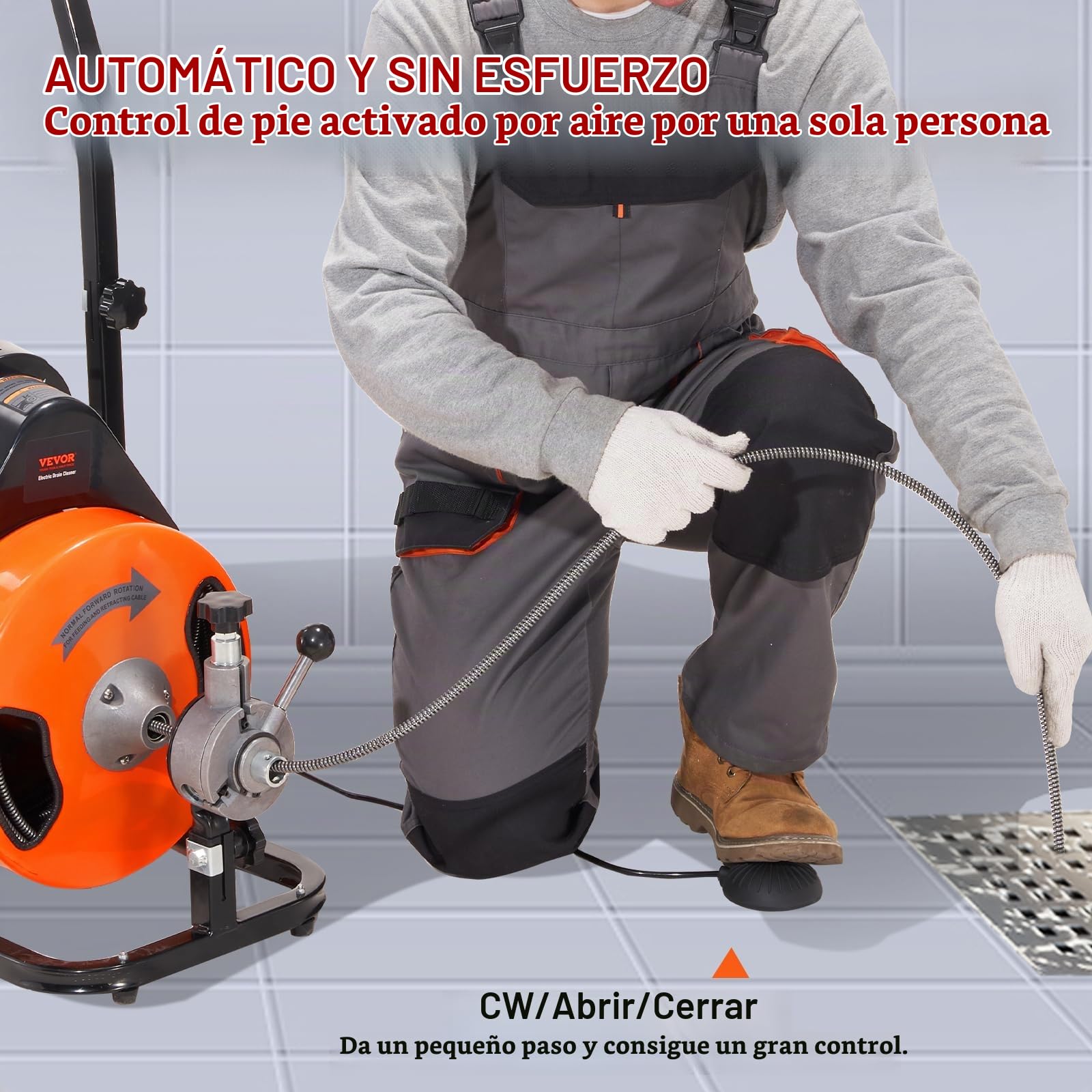 VEVOR Desatascador Eléctrico de Desagües 15m x 12,7mm Máquina Limpiadora de Tuberías Fuente de Alimentación Automático con 4 Cortatubos de Pie para Tuberías de 2,54-10,16 cm Alcantarillado Inodoro