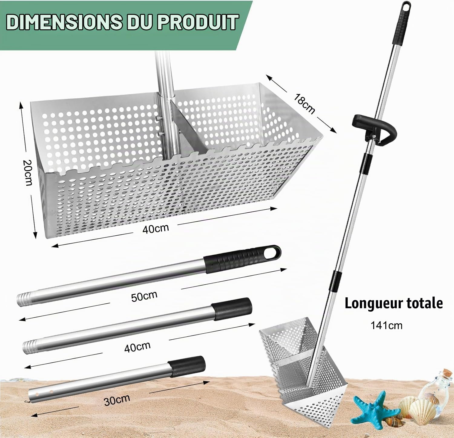 Râteau à puces de Sable en Acier Inoxydable, Tamis à Sable Amovible avec Manche Long de 140 cm, avec poignée antidérapante pour Plage