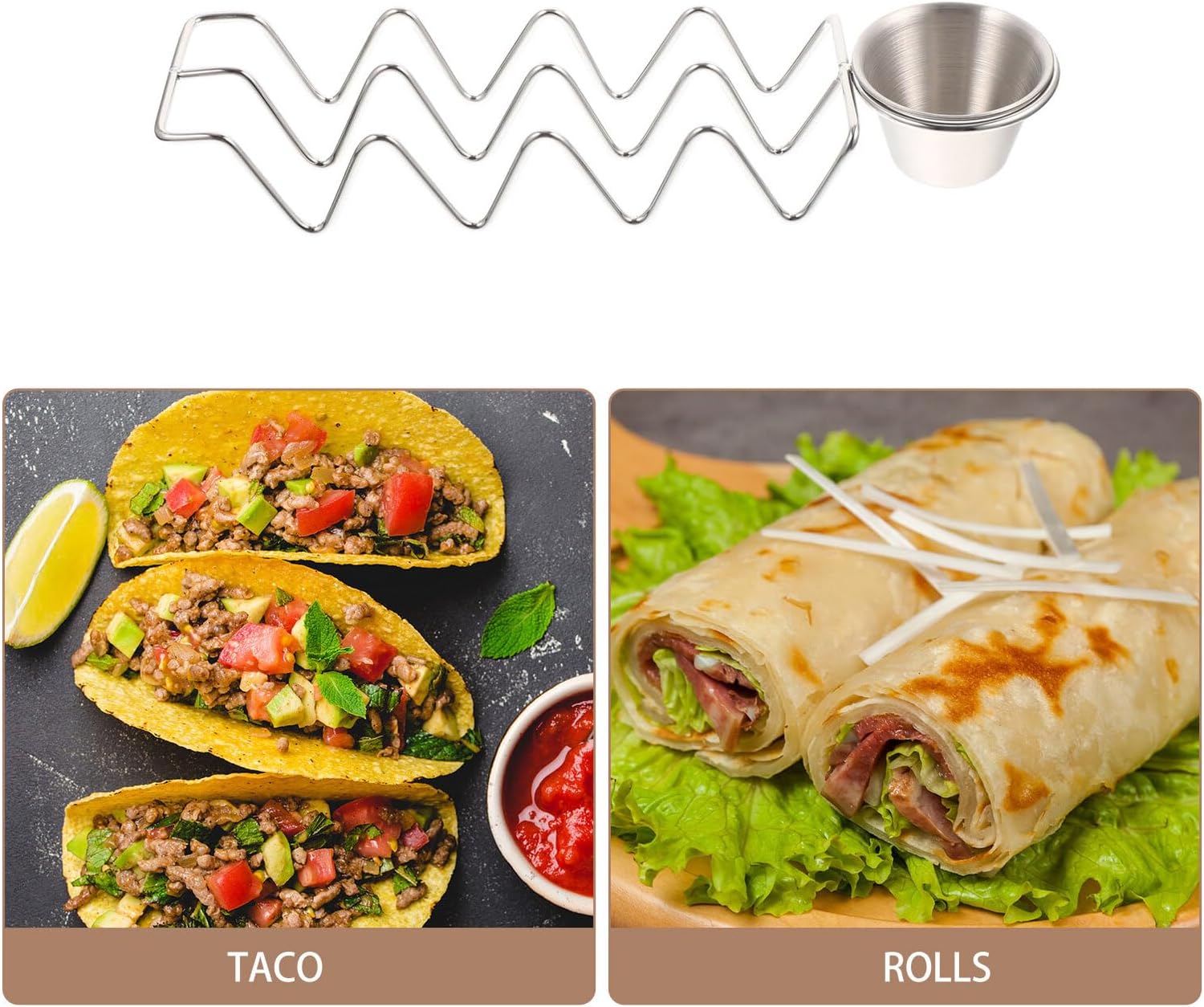 Ipetboom Stainless Steel Taco Holder with Sauce Cup Vertical Burrito and Tortilla Rack for Kitchen Restaurant Outdoor Parties Smooth Edges Heat Resistant Serving Tray