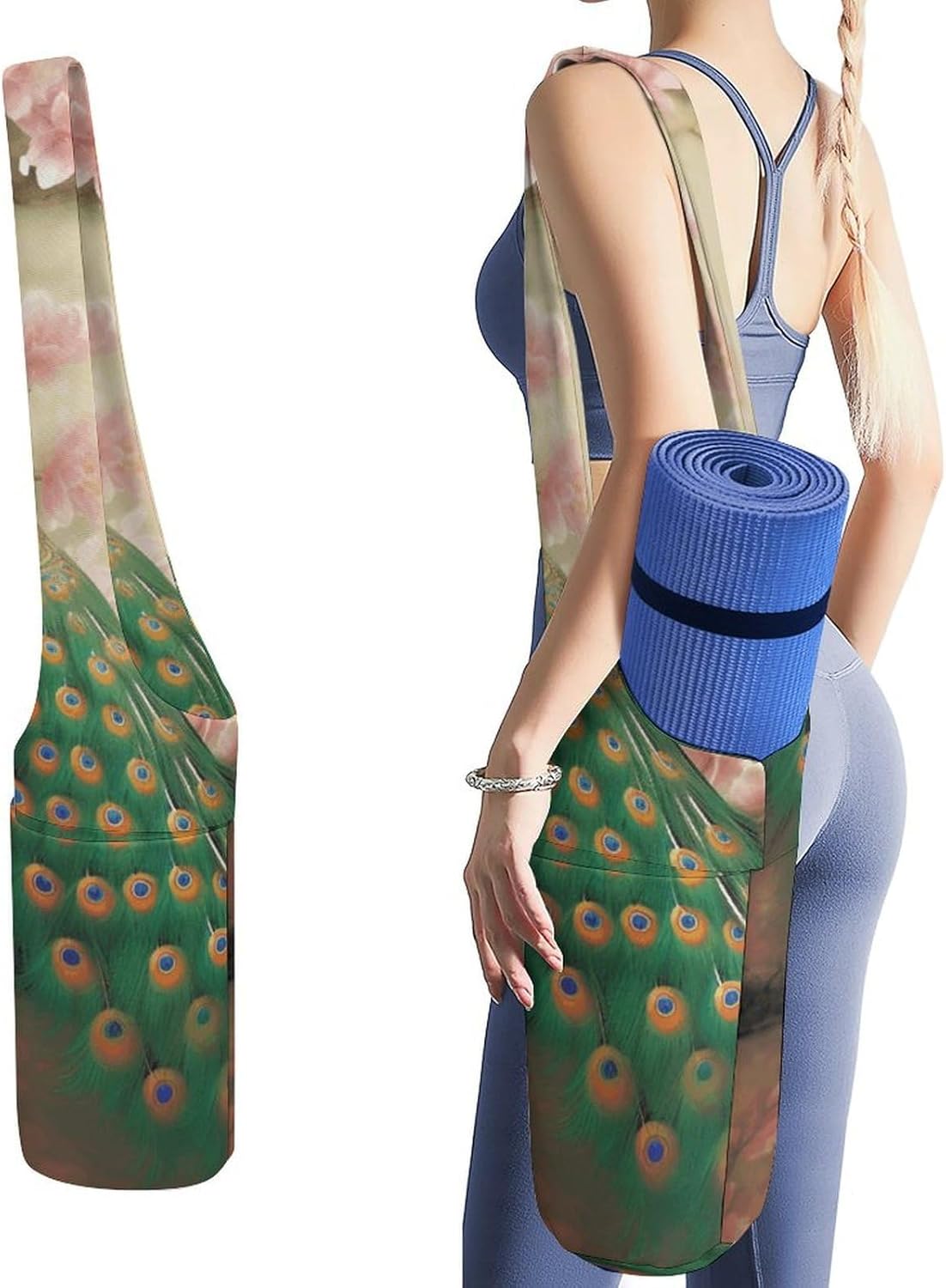 Oriental Peacock on Flower Tree Yoga Mat Bag Yoga Backpack Multi Pocket Exercise Yoga Mat Carrier Multi-Functional Storage Bag for Pilates Beach Travel And Everyday Use