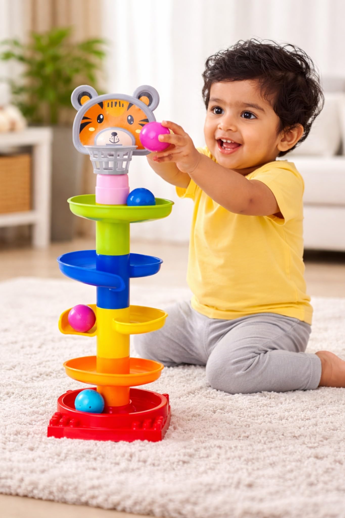 Ball Drop Spiral Tower Toy for Toddlers, Multicolour, ABS Plastic, Tiger Theme, with 5 Balls, 18 Months and Up-image-49