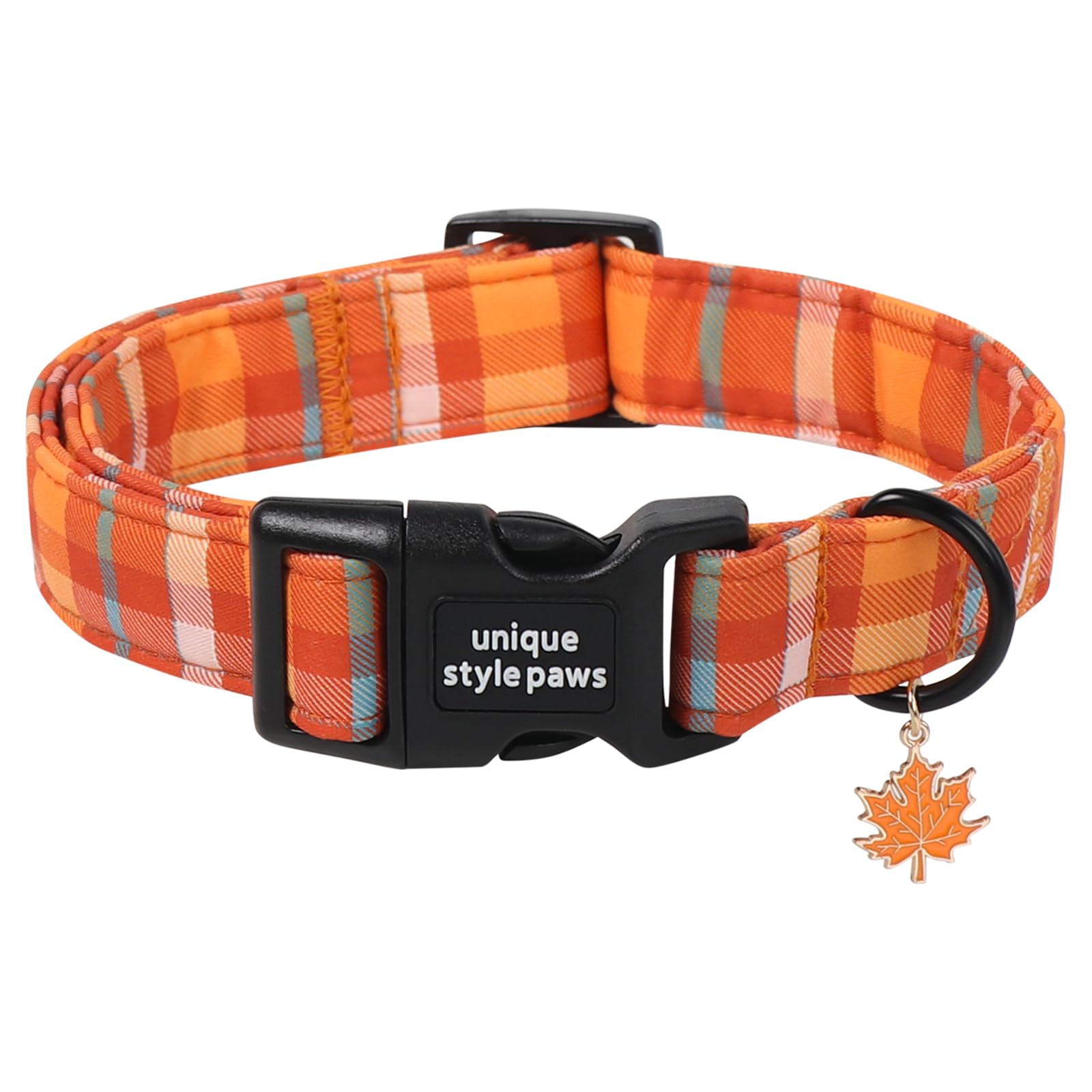 Unique style paws Fall Plaid Dog Collar, Adjustable Cotton Dog Collar with Maple Leaf Charm, Quick Release Buckle, Strong Metal D Ring, Orange Tartan Dog Collar for Small Medium Large Dogs
