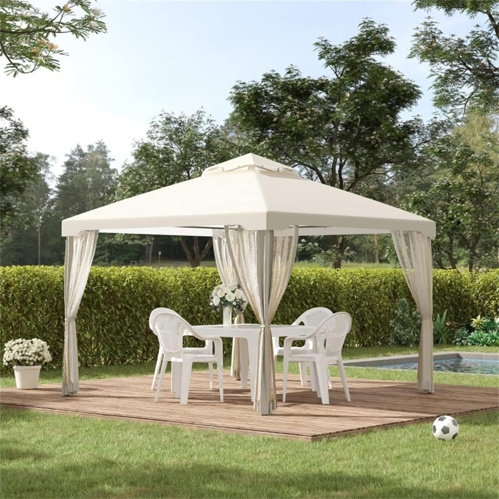 White 10' X 10' Patio Gazebo, Outdoor Canopy Shelter with 2-Tier Roof and Netting, Steel Frame, Cream