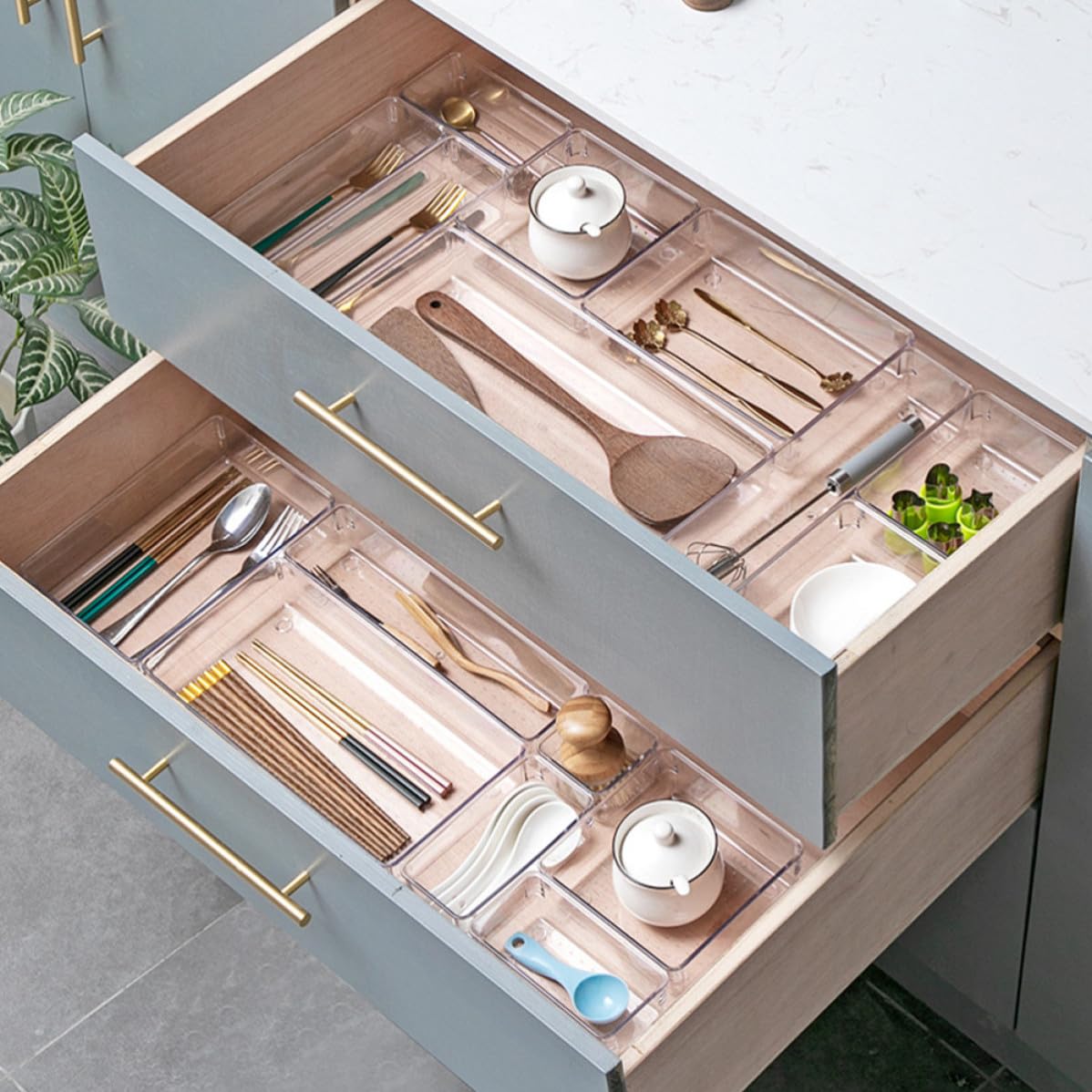 DOITOOL Set da Scrivania 7 Pezzi Organizer Trasparente Scomparti Multipli per Cassetti, Scatole Portaoggetti in Plastica per Casa e Ufficio, per Cancelleria e Accessori