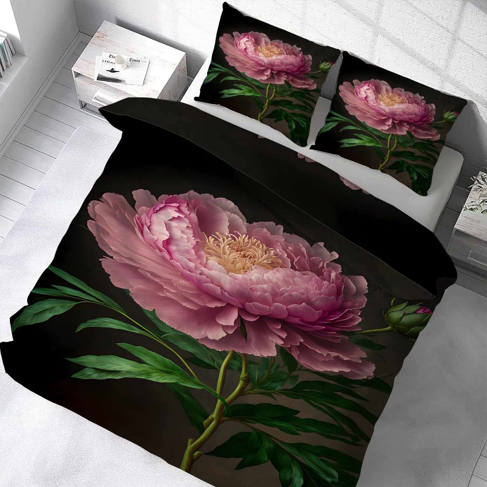 Housse de couette 200x200 respirante à fermeture éclair cachée pivoines