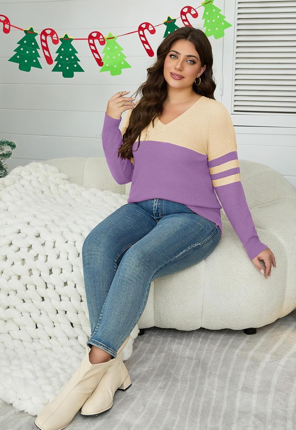 Womens Plus Size V Neck Sweaters Knit Long Sleeve Color Block Lightweight Warm Sweatshirt Pullover Tops Fall Winter Sweater - Image 5