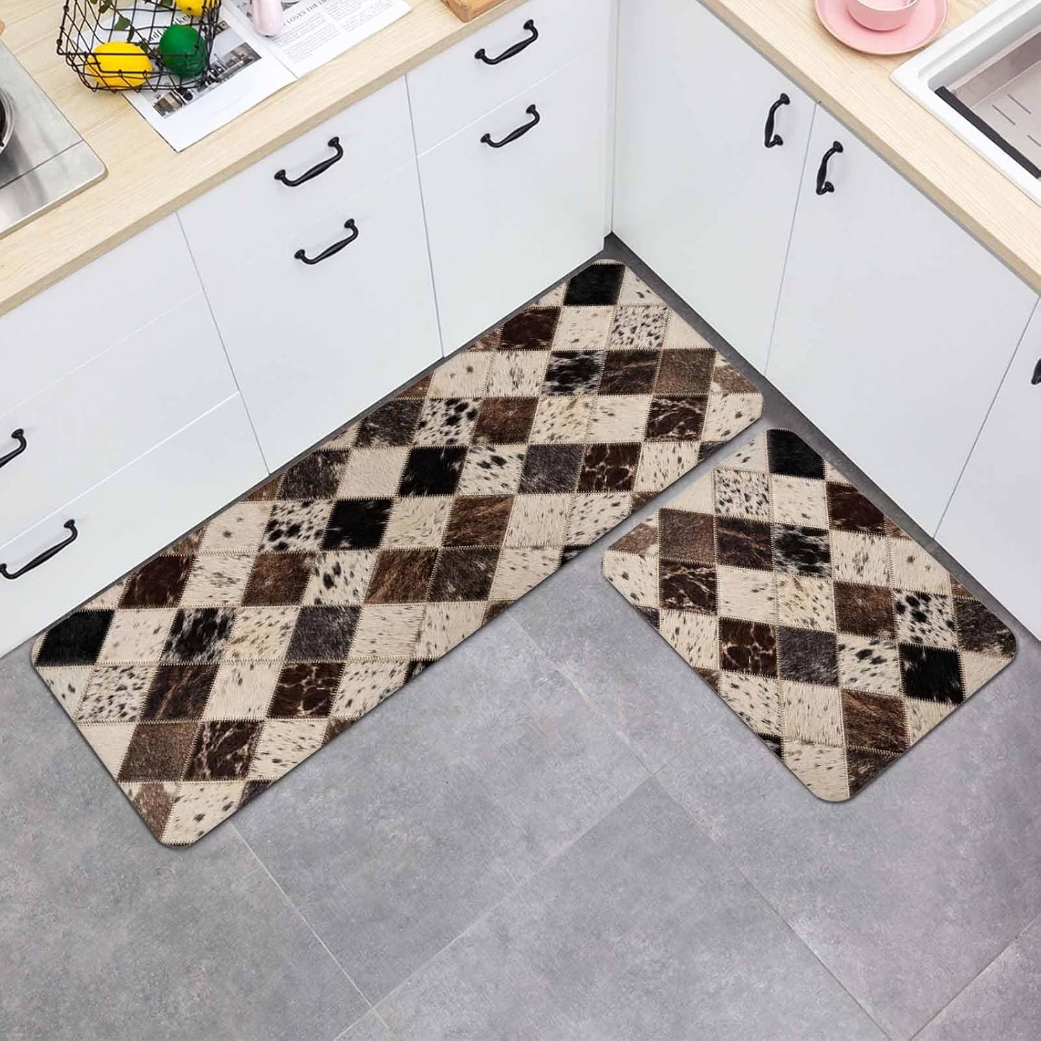 Marble Hide Kitchen Mat Set 2 Pieces Rustic Vintage Abstract Brown Grey White Diamond Plaid Non Slip Kitchen Rugs Washable Runner Rug Mats for Floor Sink Laundry Office 19.7" x 31.5"+19.7" x 63"
