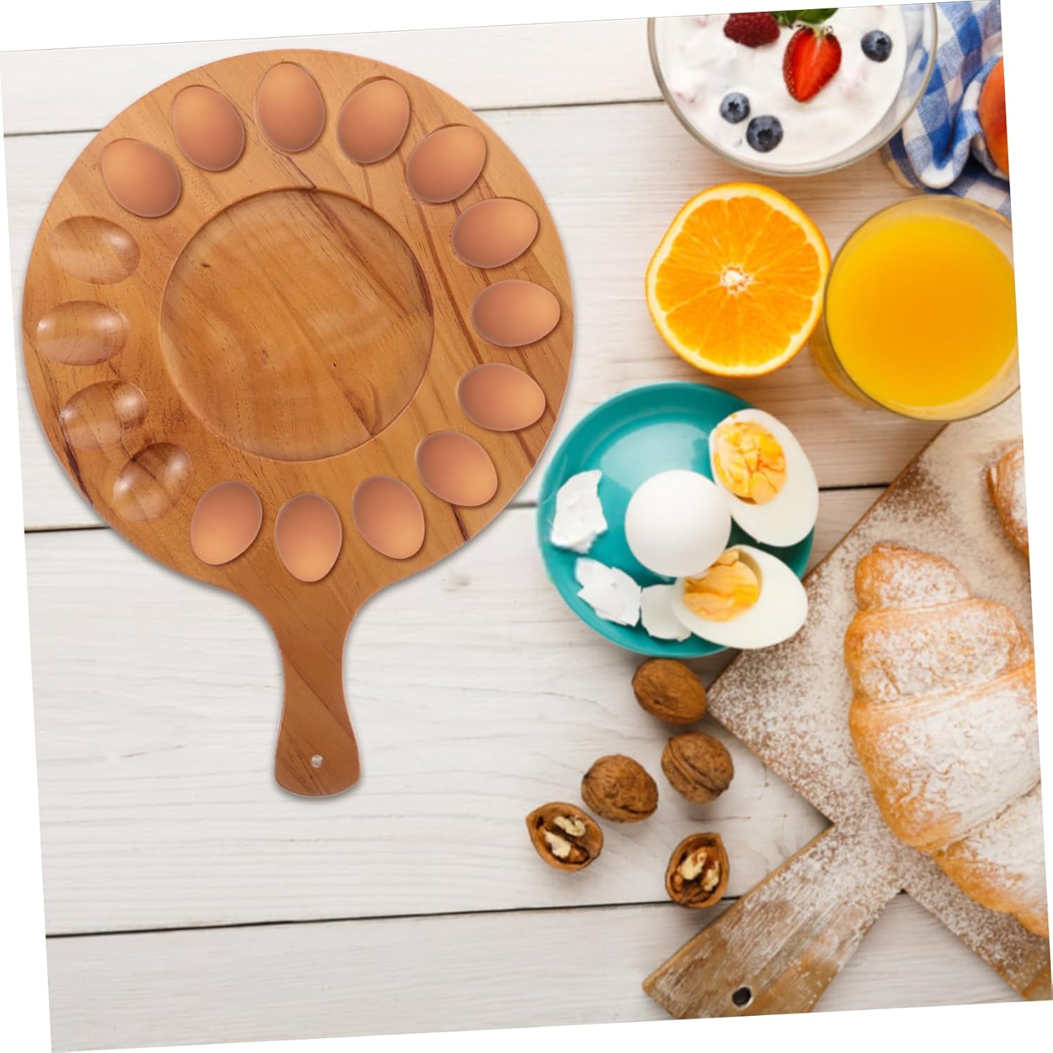 16holes Wooden Egg Holder Tray for Refrigerator Deviled Egg Platter Space-saving Kitchen Organizer Smooth Finish Dispenser for Countertops and Dining Table