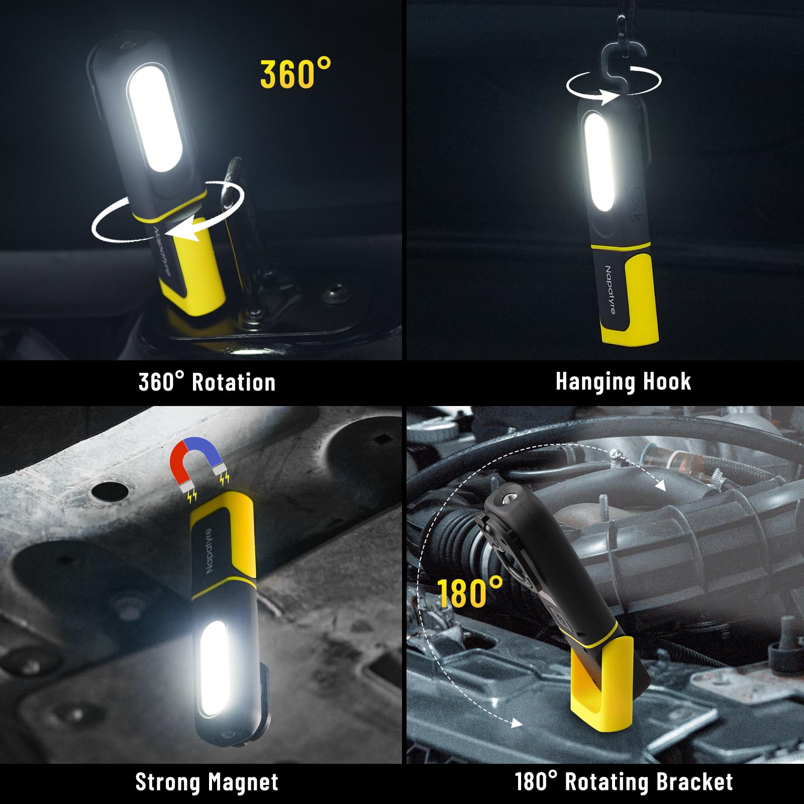 Linterna LED Recargable, 3 Modos Linterna de Trabajo con Base Magnética y Gancho, Giratoria de 360 Lámpara de Taller para Garaje, Camping, Emergencia (2 Piezas)