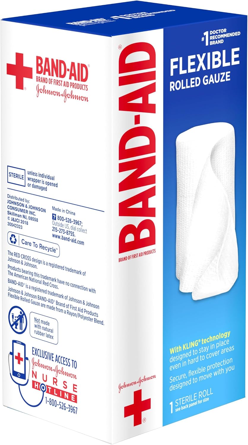 Band Aid Brand of First Aid Products Flexible Rolled Gauze Dressing for Minor Wound Care, Soft Padding and Instant Absorption, 4 Inches by 2.5 Yards, 3 Pack