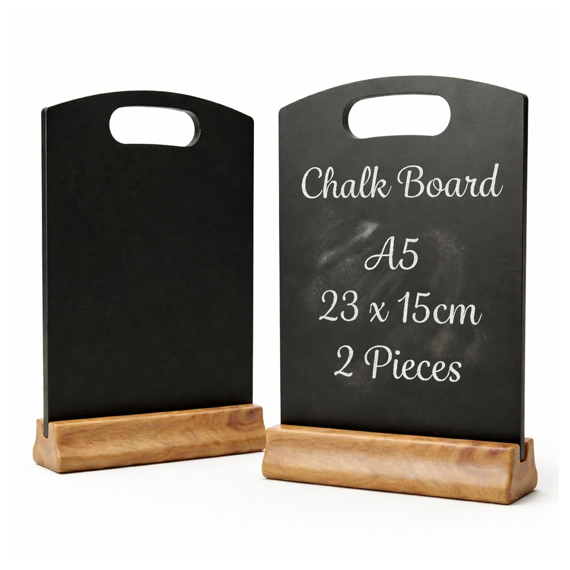 Chabrias Ltd 2 Pack A5 Chalkboard Table Sign + Wooden Stand - 23x14cm – Reusable Easy Wipe Chalkboard Sign, Menu Display, Wedding Table Numbers, Reserved Signs for Restaurants, Cafés & Events (2 x A5)