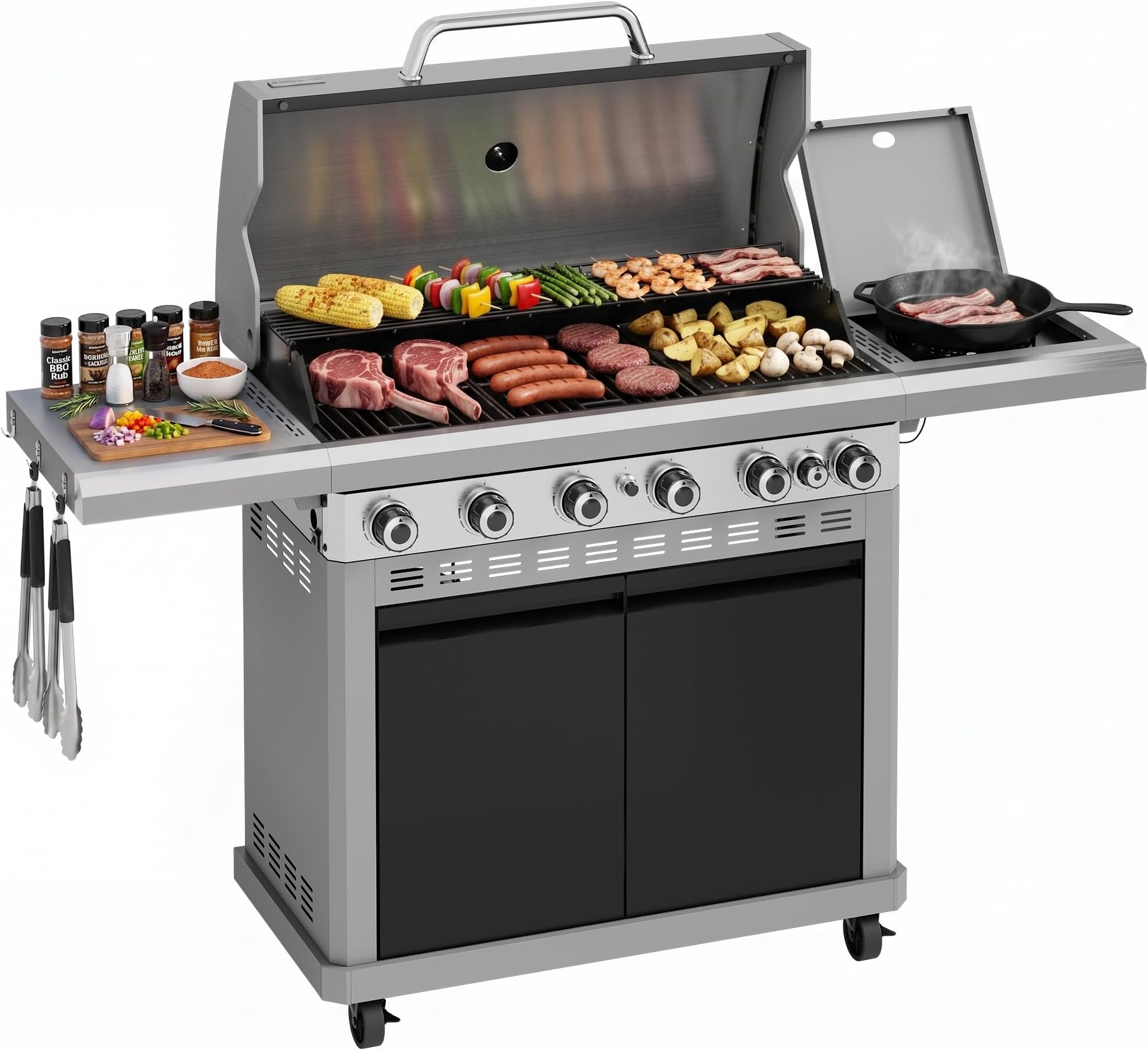 MFSTUDIO 6 Burner BBQ Propane Gas Grill with Side Burner & Porcelain-Enameled Cast Iron Grates, Grill Griddle Combo for Outdoor Barbecue, 740 SQ.IN. Large Cooking Area