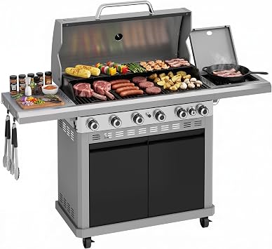 MFSTUDIO Heavy Duty 6 Burner Gas BBQ Grill Griddle Combo w/Side Burner | Porcelain-Enameled Cast Iron Grates, Double-layer Lid, Flame Tamer, High Output, Non-stick, Lockable Wheels, for Backyard BBQ