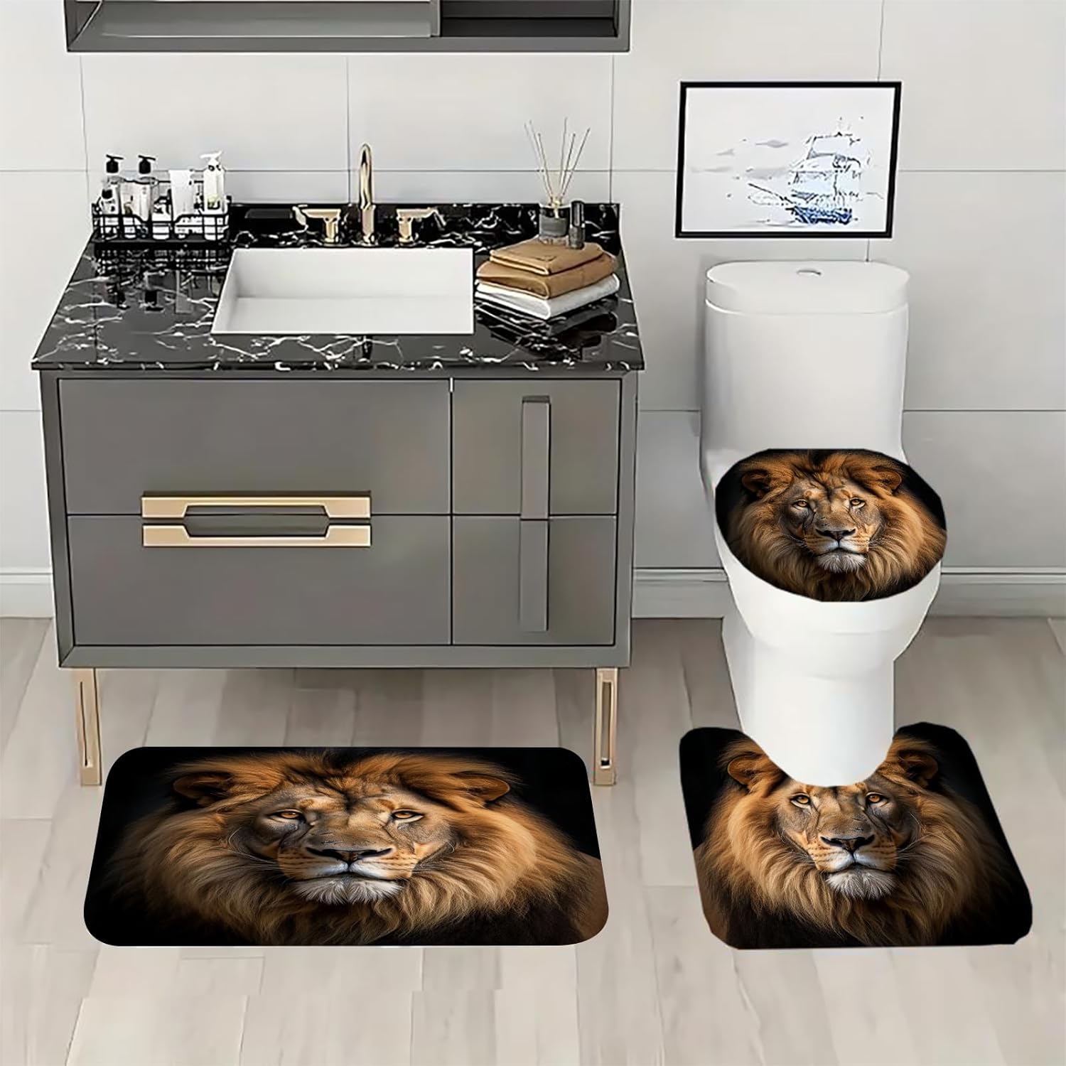4 Pcs Lion Shower Curtain with 12 Hooks, Natural Realistic Golden Hues Lion Bathroom Sets with Shower Curtain and Rugs Toilet Lid Cover Animal Kids Shower Curtain Set Bathroom Decorations