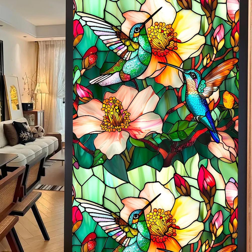 JOONOR Privacy Window Film Stained Glass Window Stickers Non-Adhesive Frosted Glass Film Decorative Flower Bird Static Cling Decals for Home UV Blocking/Heat Insulation 17.7 x 39.4inch