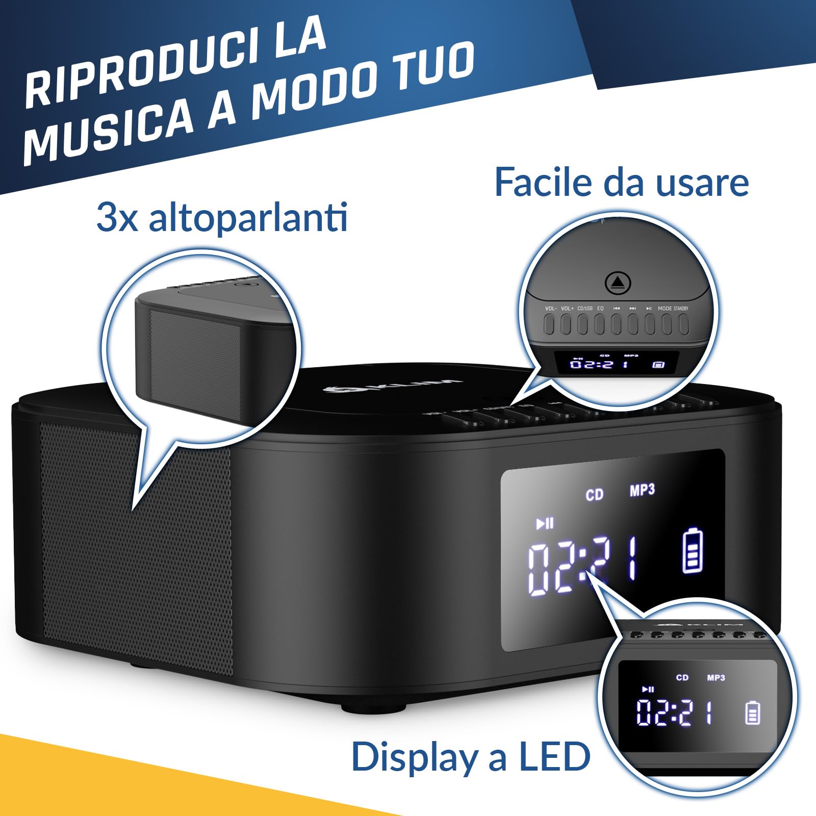 KLIM Lettore CD Stereo Boombox E1 - BASS Boost con Subwoofer - FM Radio con Lettore CD e USB, Bluetooth, AUX - Stereo casa - Filo o Wireless - Batteria ricaricabile, Telecomando