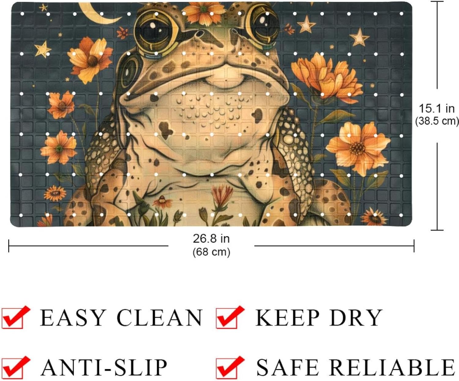 Aesthetic Boho Moon Stars Floral Funny Frog Bath Tub and Shower Mats, Non Slip Bathmat with Drain Holes and Suction Cups for Bathroom Floor, 15.1 x 26.8 Inch