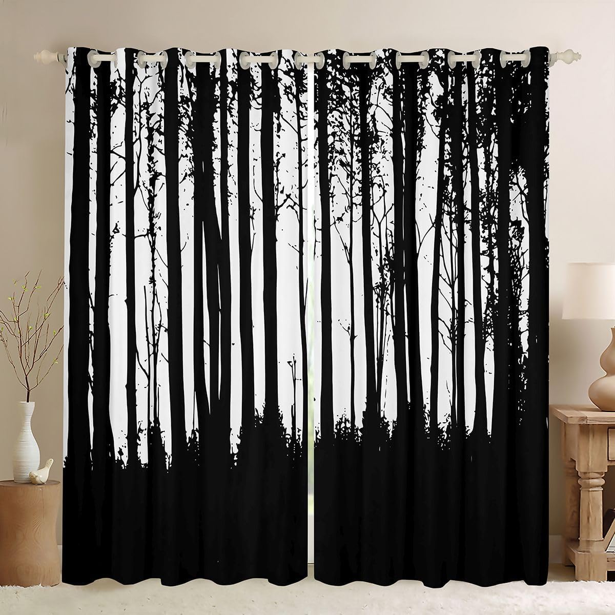 Castle Fairy Woodland Trees Window Drapes for Girls Boys Jungle Adventure Blackout Curtains Nature Rural Scenery Window Curtains Living Room Bedroom Decor Black White 2 Panel Sets,52Wx63L inch