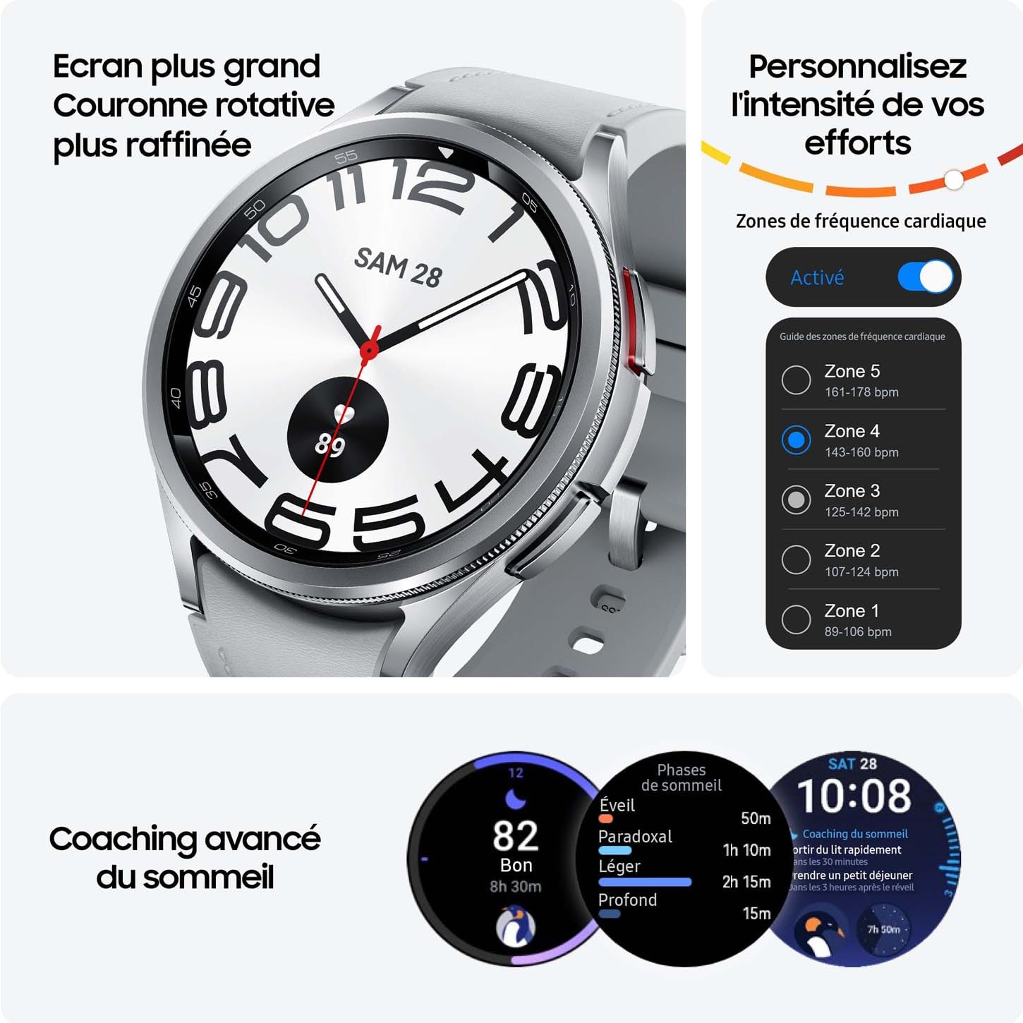 Samsung Galaxy Watch6 Classic Montre Connectée avec Chargeur, Suivi de Santé, Suivi Sportif, Charge rapide, 4G/LTE, 43mm, Argent, Exclusivité Amazon Version FR