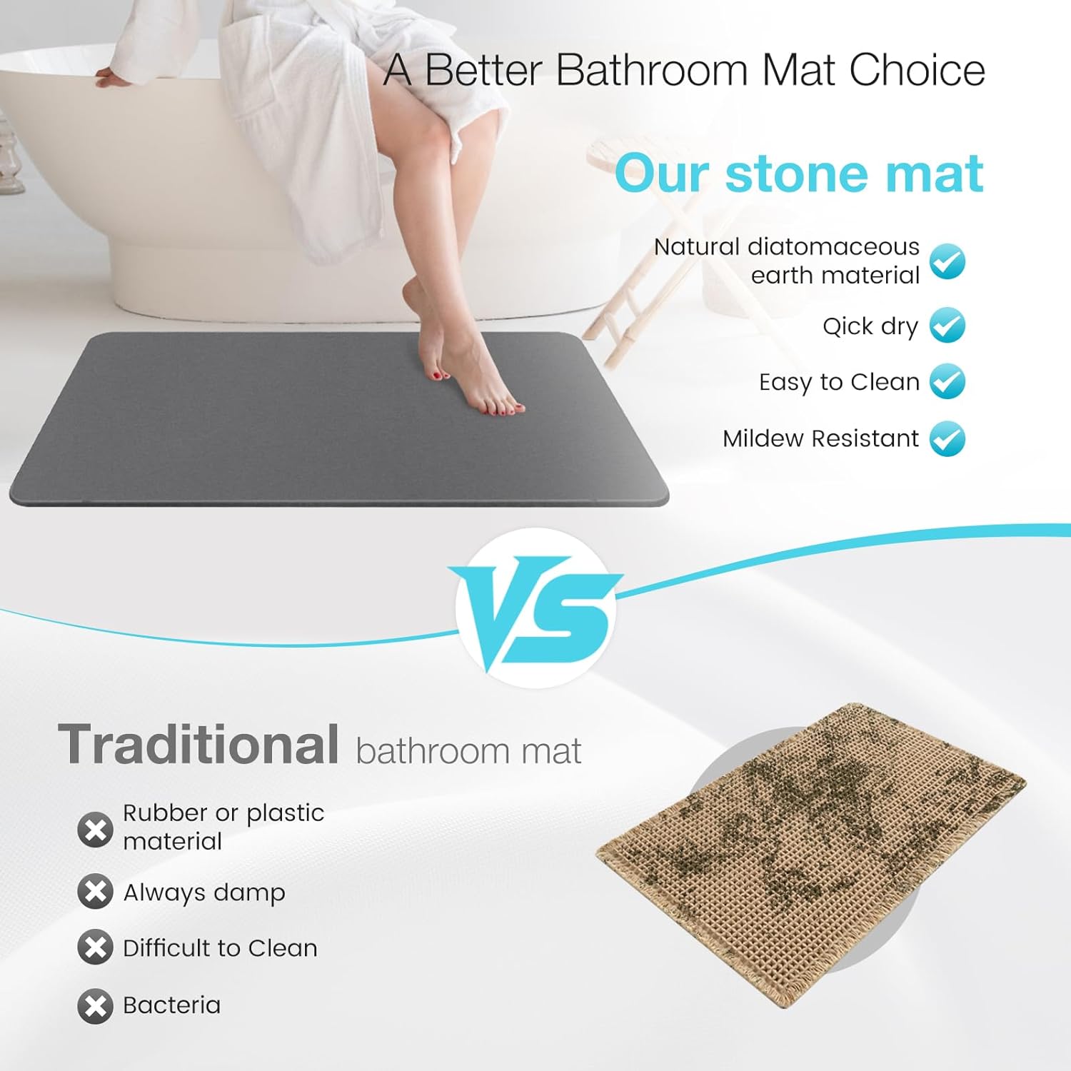 Large Diatomite Stone Bath Mat, Premium Non-Slip Natural Diatomaceous Earth Bathtub Quick Drying Mats for Bathroom Floor (30" x 17" Dark Gray) - Image 4