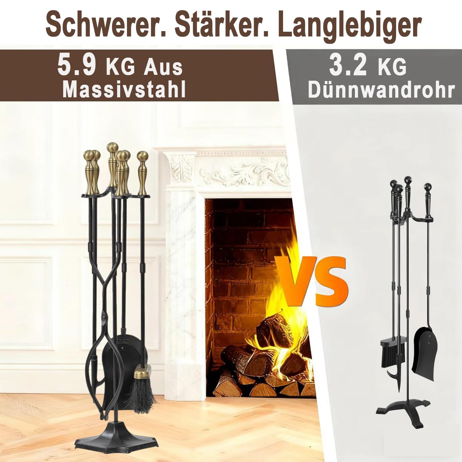 Amagabeli Kaminbesteck mit Messinggriffen, Schmiedeeisen und Halter, 67,3 cm, für drinnen und draußen, Feuerstelle, Ständer, Zange, Schaufel, Bürste, Schornstein, Schürhaken, Holzofen, Kaminzubehör