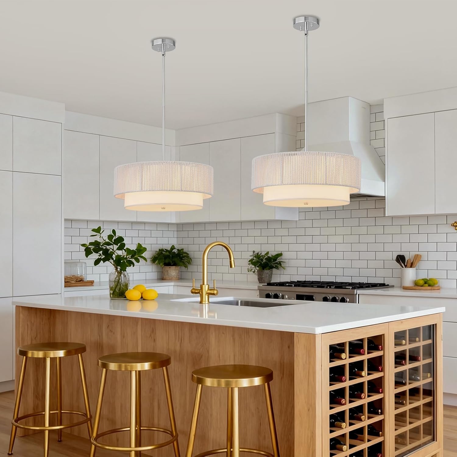 Rattan Farmhouse Chandeliers, Rattan Pendant Light Fixture, Boho Light Fixtures for Bedroom Dining Room Foyer Kitchen Hallway | Fabric Shade | Bulbs Not Included | White