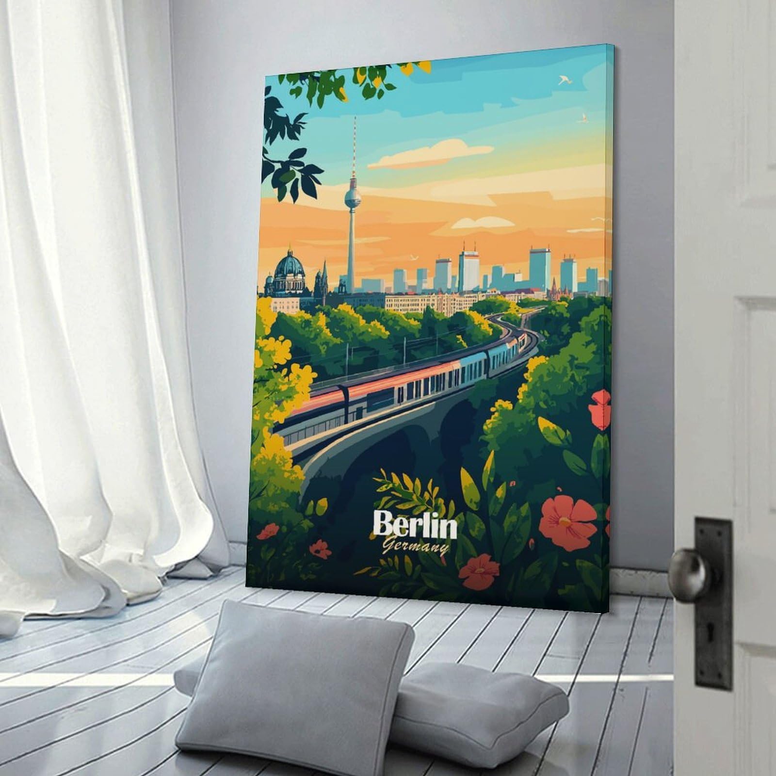 Junmoney Berlin Cityscape with Train Wall Art Print 08x12inch(20x30cm), for Lounge, Study, Hallway Or Flat Walls, Decorative Artwork with Broad Appeal