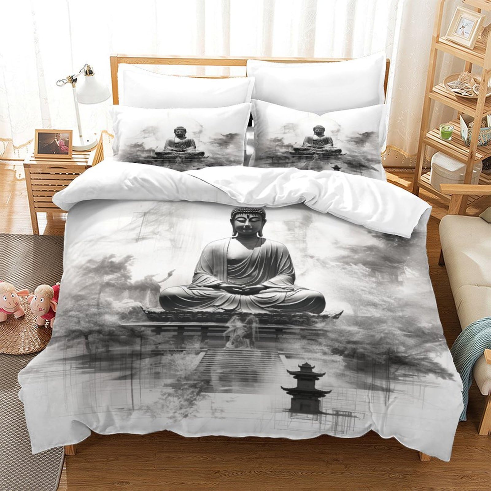 Buddha 3D Set Di Biancheria Da Letto Per Adulti E Bambini,3 Pezzi Per Letto Singolo,Matrimoniale,Grande Size,con Buddha Copripiumino E Federa,Microfibra,con Lampo Doppio（200x200cm）