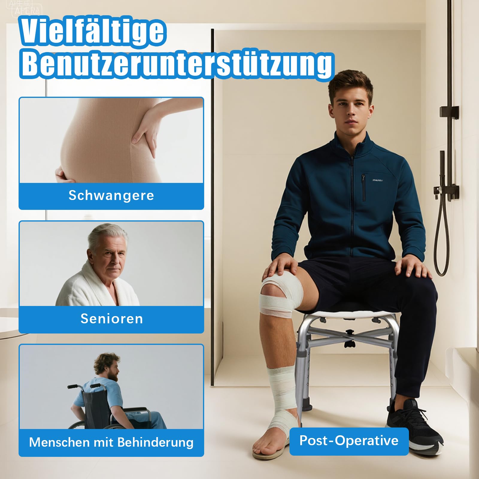 Duschhocker 180kg Höhenverstellbar 37-50cm Werkzeugfrei Montage rutschfest Stabil für Schmale Wannen - Senioren, Behinderte, Sicherer Sitz（Grau）