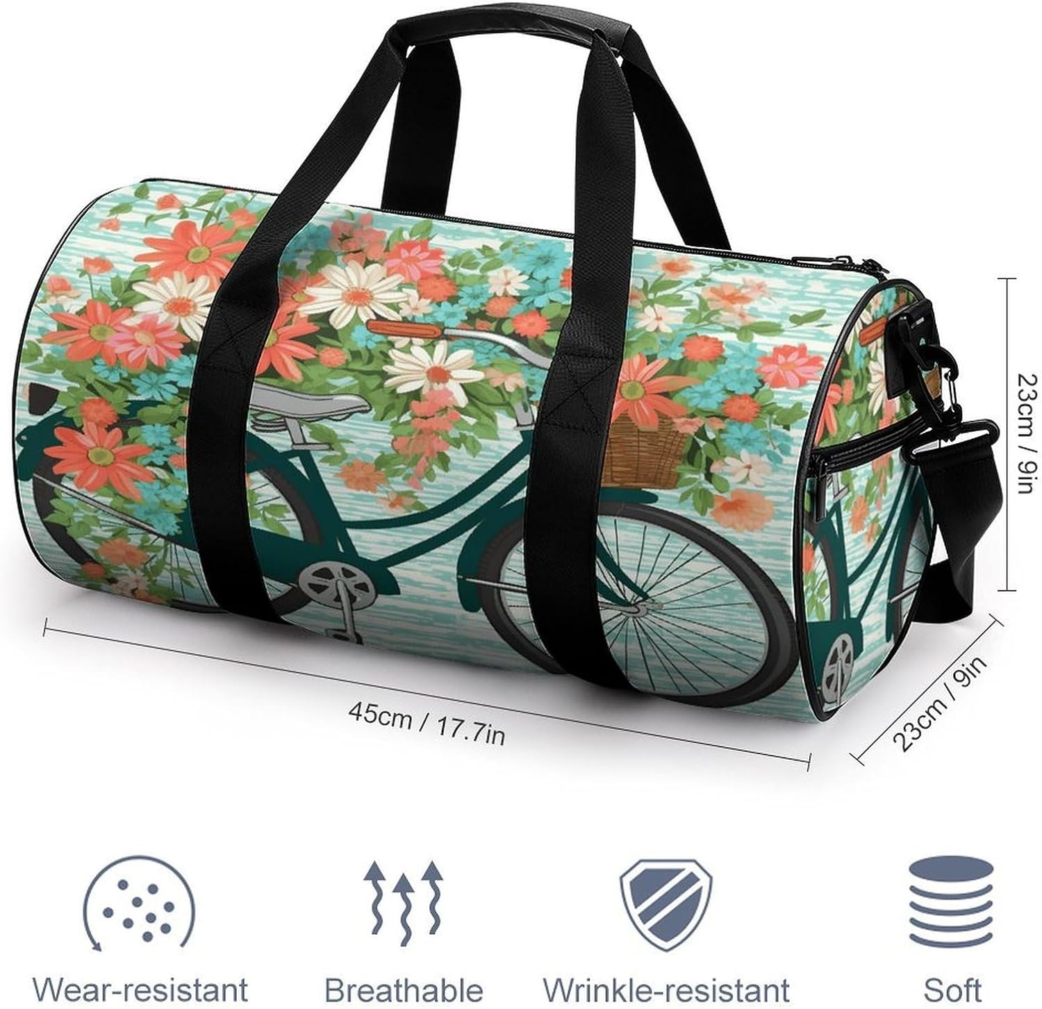 Bicycle with Flower Gym Bag Duffle Bags Weekender Overnight Bag image 2