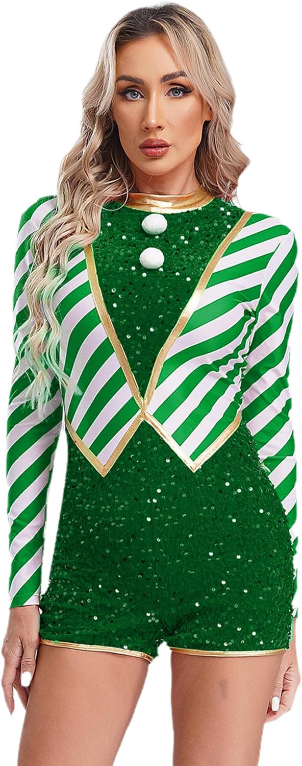 Women Candy Cane Christmas Unitard Costume Sequins Stripes Xmas Dance Performance Leotard Jumpsuit
