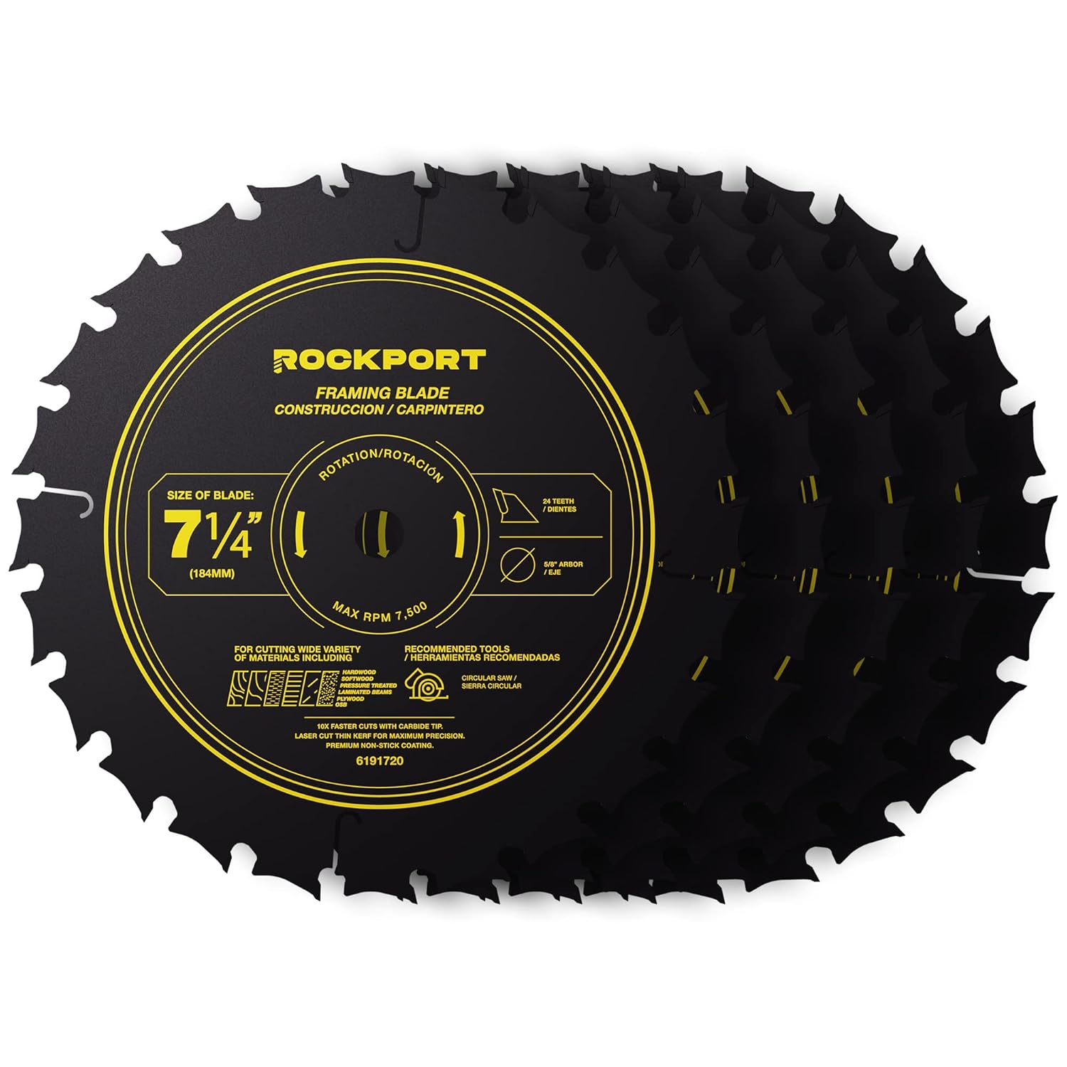 ROCKPORT 7 1/4 Circular Saw Blade, 24T - (5 Pack) Circular Saw Blades 7 1/4 inch, Multipurpose Carbide-Tipped Skill Saw Blade with 5/8" Arbor and Diamond Knockout, Circular Saw Blade for Wood & More