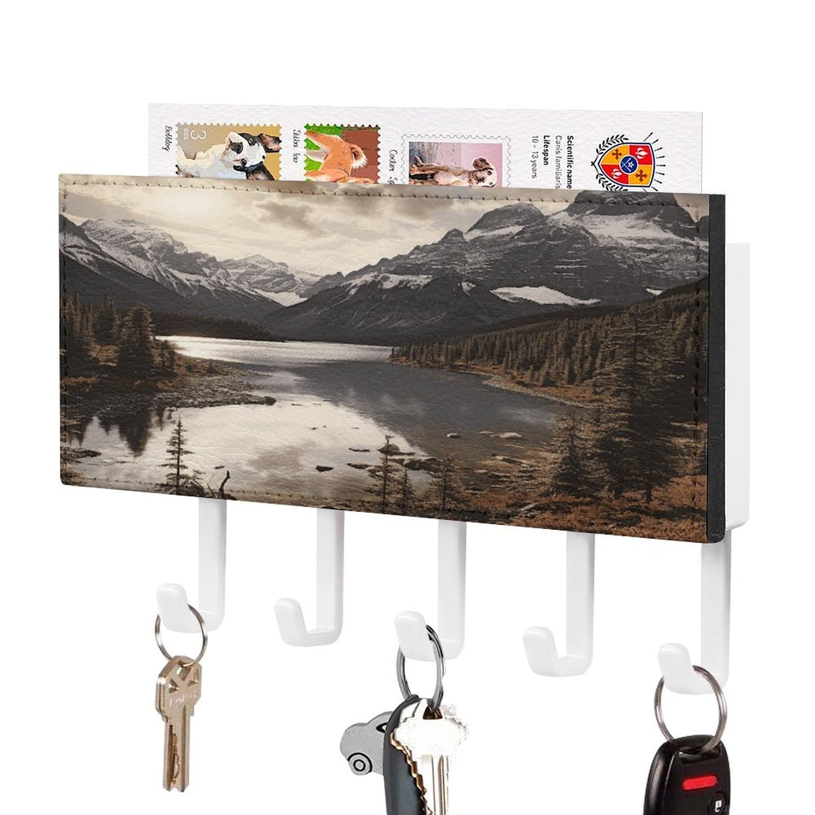 FekiLoot Landscape Key Holder Wall Mount Key Hanger with 5 Hooks Decorative Key Rack Hanging Key Hooks with Mail Organizer Key Holder for Wall Living Room Kitchen Bathroom Hallway White