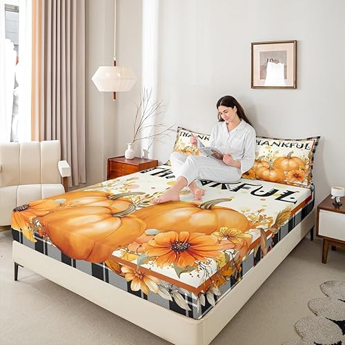Miniatura 5 de Sábana bajera ajustable de calabaza de otoño para niñas y niños, tamaño Queen, juego de ropa de cama de cosecha de otoño, juego de sábanas