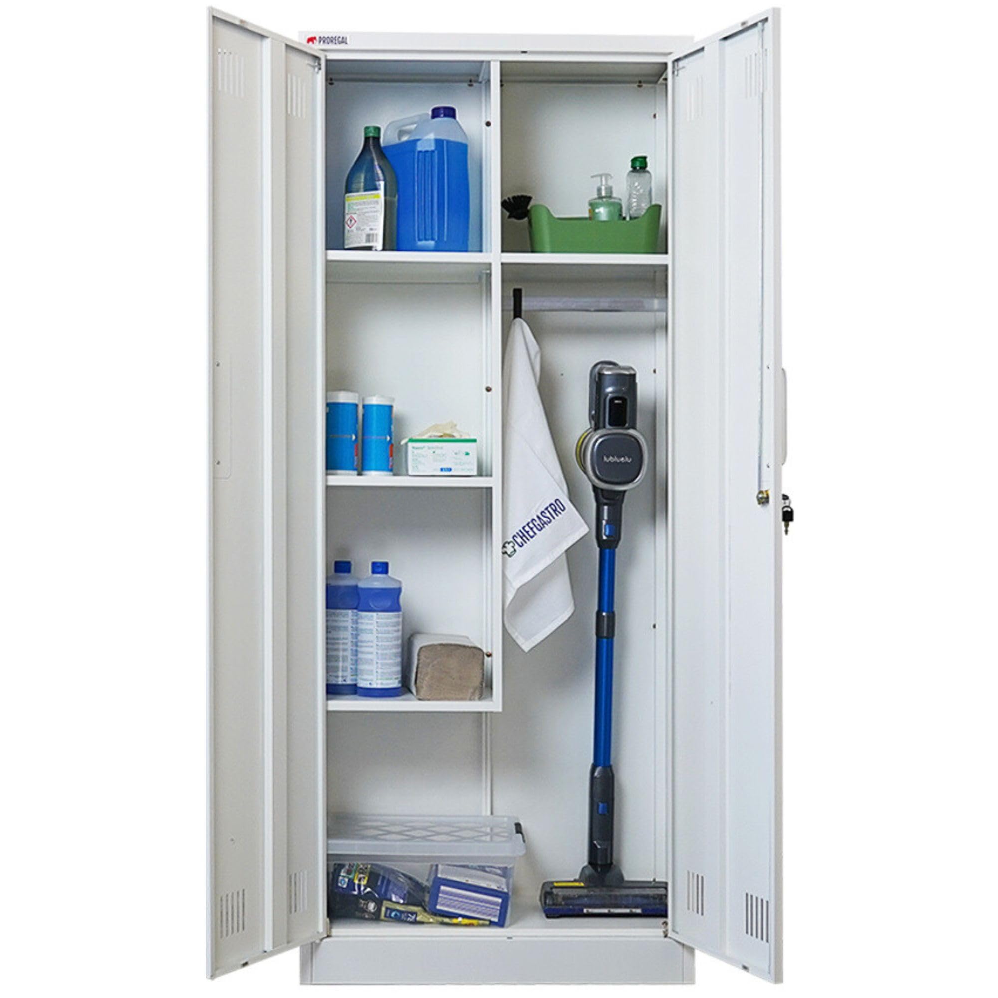 PROREGAL Putzmittelschrank Rhino Metall 2 Türen abschließbar Besenschrank schmal 170x70x30cm 5 Fächern & Kleiderstange Stahl Weiß Putzschrank Mehrzweckschrank Haushaltsschrank Flügeltürenschrank