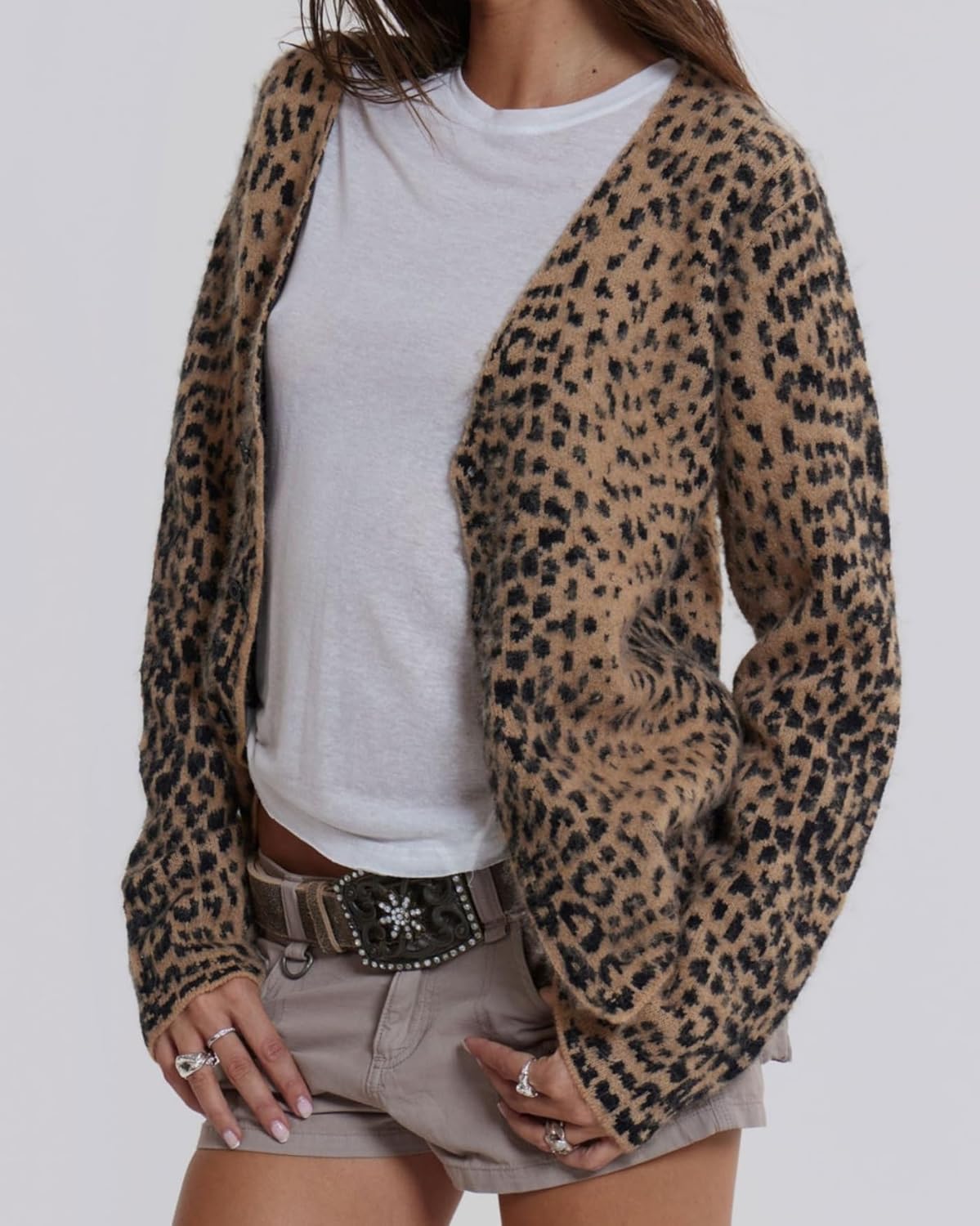 Women Leopard Print Long Sleeve V Neck Button Down Sweater Cardigan Casual Knit Lightweight Fall Winter Outwear Tops - Image 4