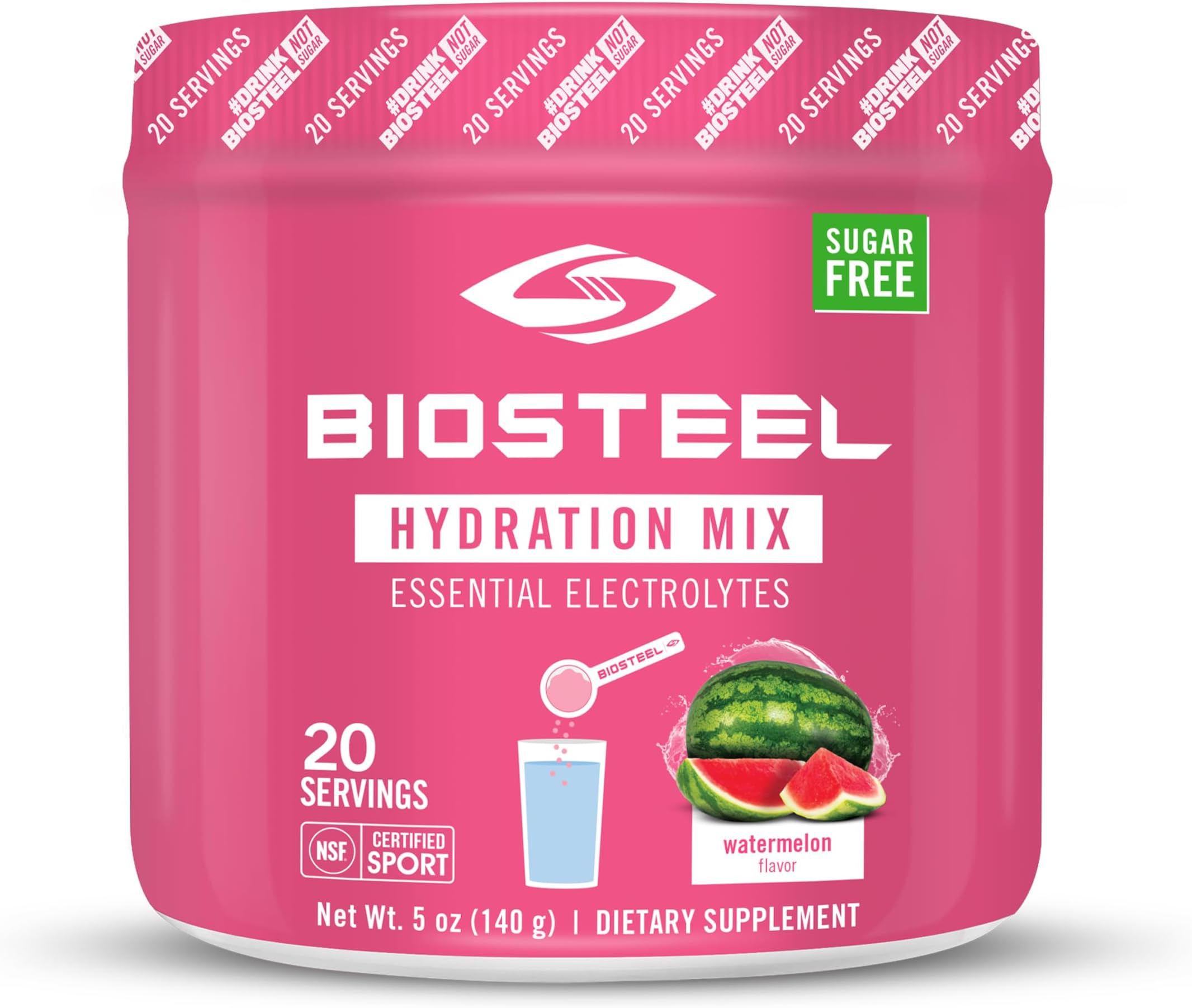 BioSteel Zero Sugar Hydration Mix, Great Tasting Hydration with 5 Essential Electrolytes, Watermelon Flavor, 20 Servings per Tub