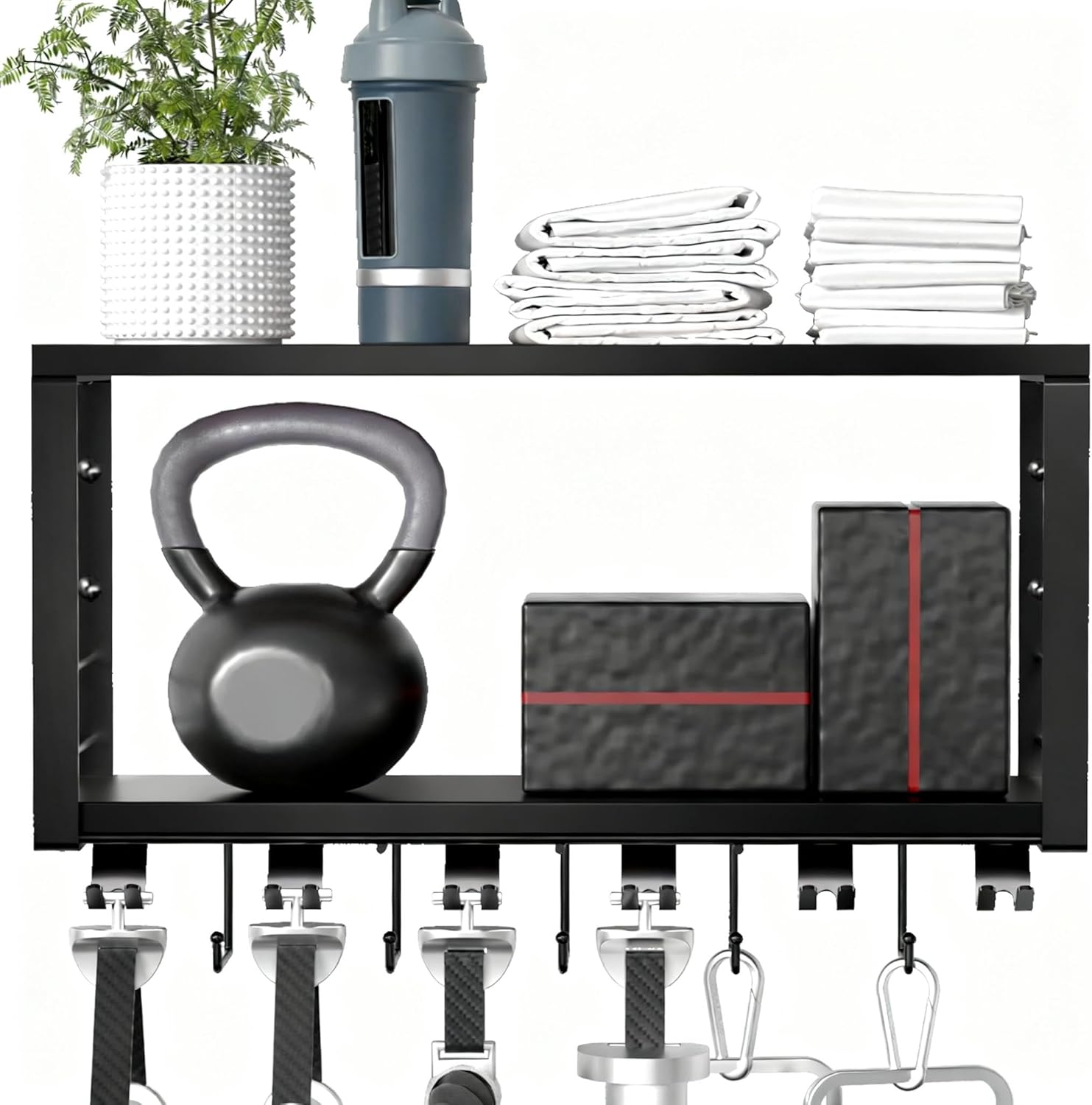 TJ.MOREE 2 Tier Floating Shelf Compatible with Tonal Accessories, T-Bracket Lock Adapters Hanger, Wall Mount Home Gym Storage Rack for Fitness Equipment（Black