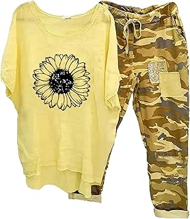 Traje de pantalón para mujer elegante de 2 piezas, top y pantalones largos de pierna ancha, traje de pantalón, traje de pantalón informal, holgado, cuello redondo, manga corta, traje de jogging,