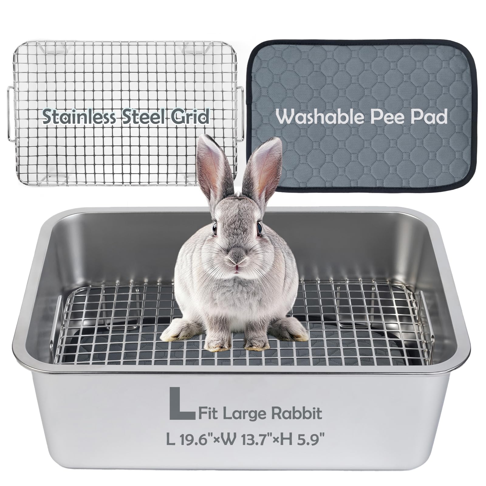 MEEXPAWS Rabbit Litter Box Stainless Steel, Large Bunny Litter Box with Raised Grid and Washable Pee Pad, Metal Litter Pan High Side for Rabbit,Small