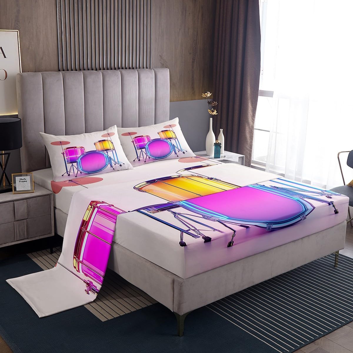Erosebridal Drum Kit Bed Sheets King Size Modern Music Themed Sheet Set Colorful Neon Bedding Set Pop Music Flat Fitted Sheet for Girls Teens Kids Adults image 2