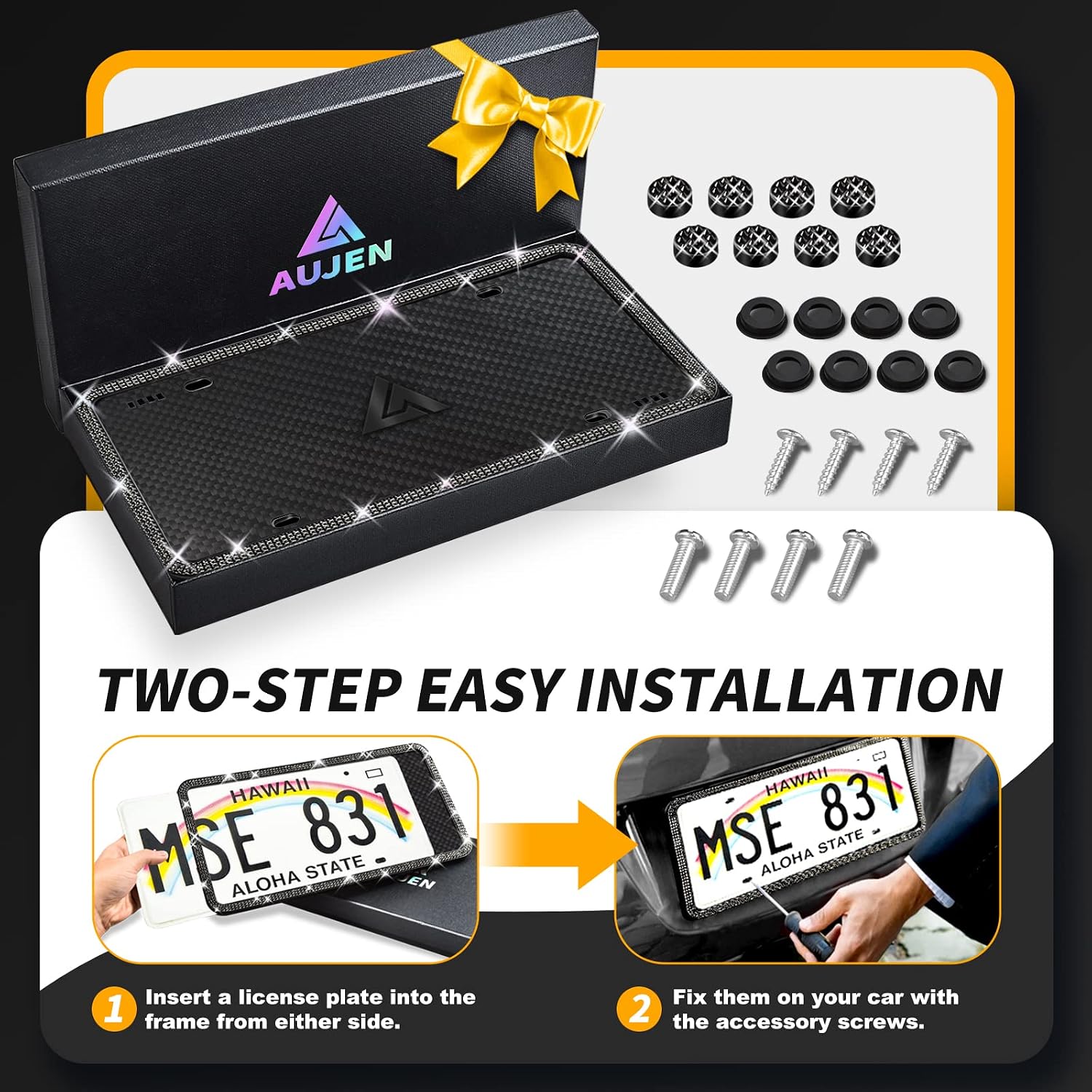 Aujen Bling License Plate Frames 2 Pack, License Plate Frames for Women, Obstruction-Free Rhinestone License Plate Frames, Silicone License Plate Covers Black