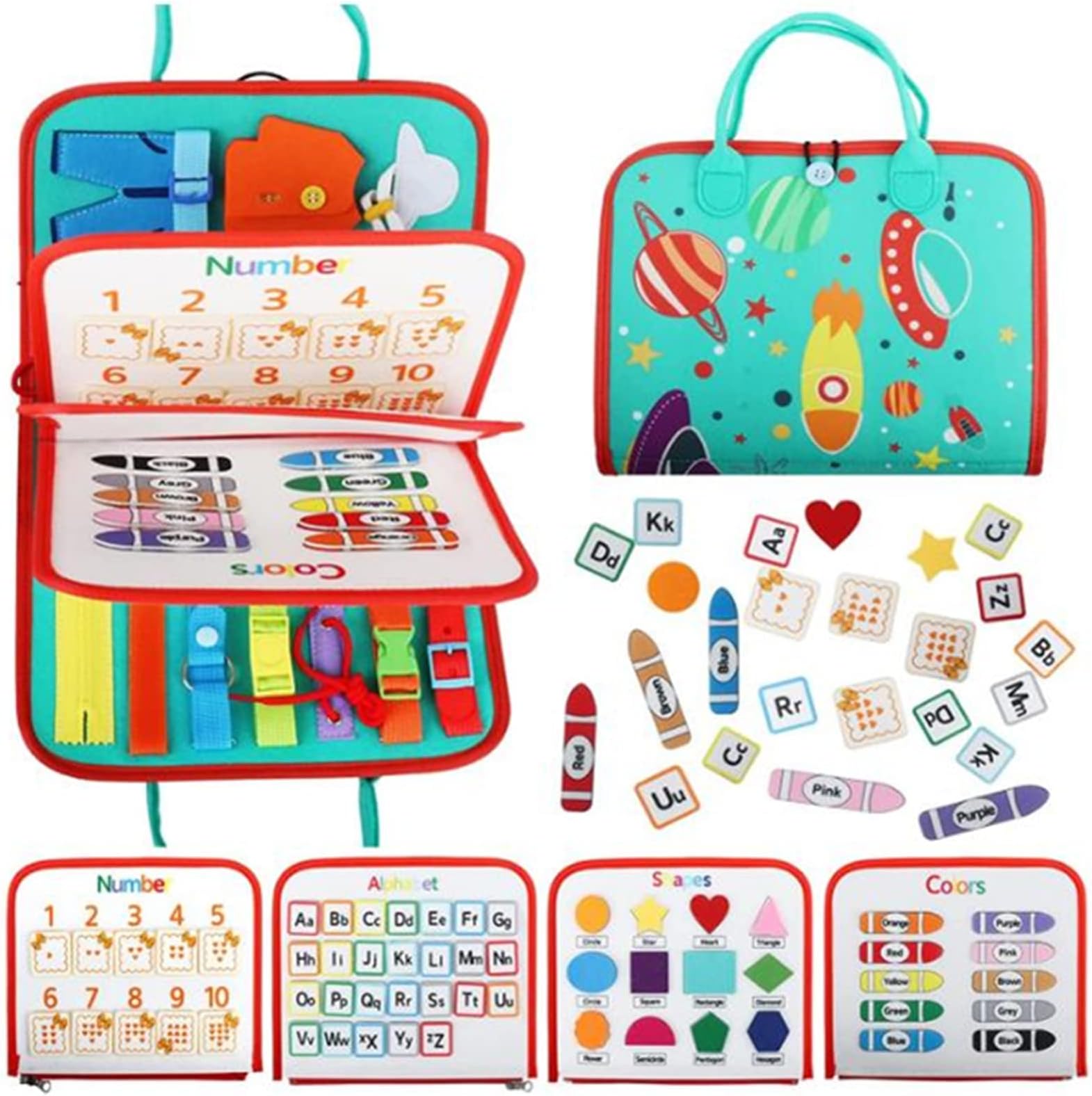 AM ANNA Busy Board for Toddlers - Montessori Sensory Toy, Preschool Activities Educational Travel Toy, Portable Gifts for Kids Learning Basic Dress Skills (Planet)