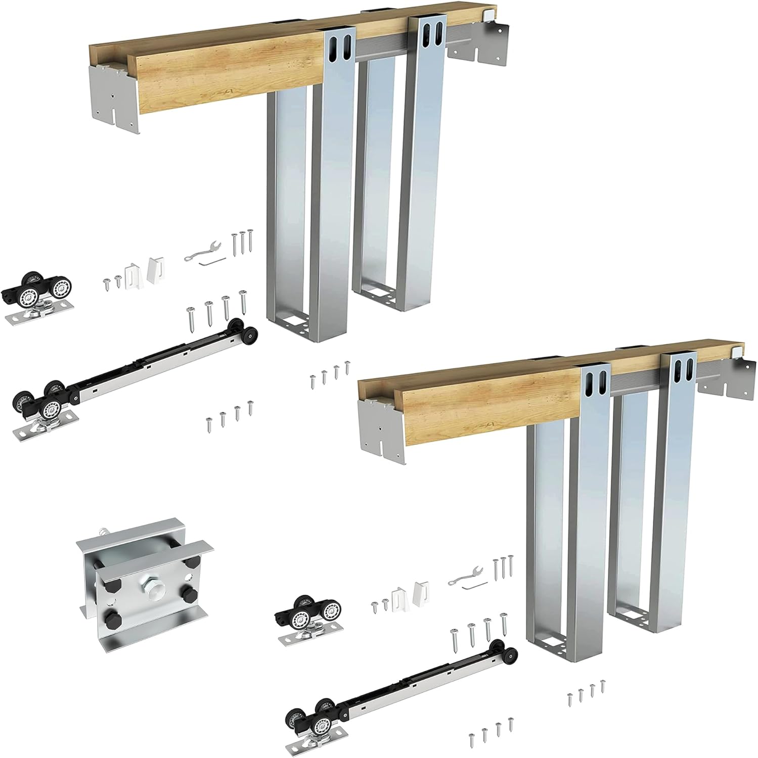 JUBEST Double Pocket Door Frame Kit with 220LBS TwoWay Soft Close Mechanism, Easy to Install