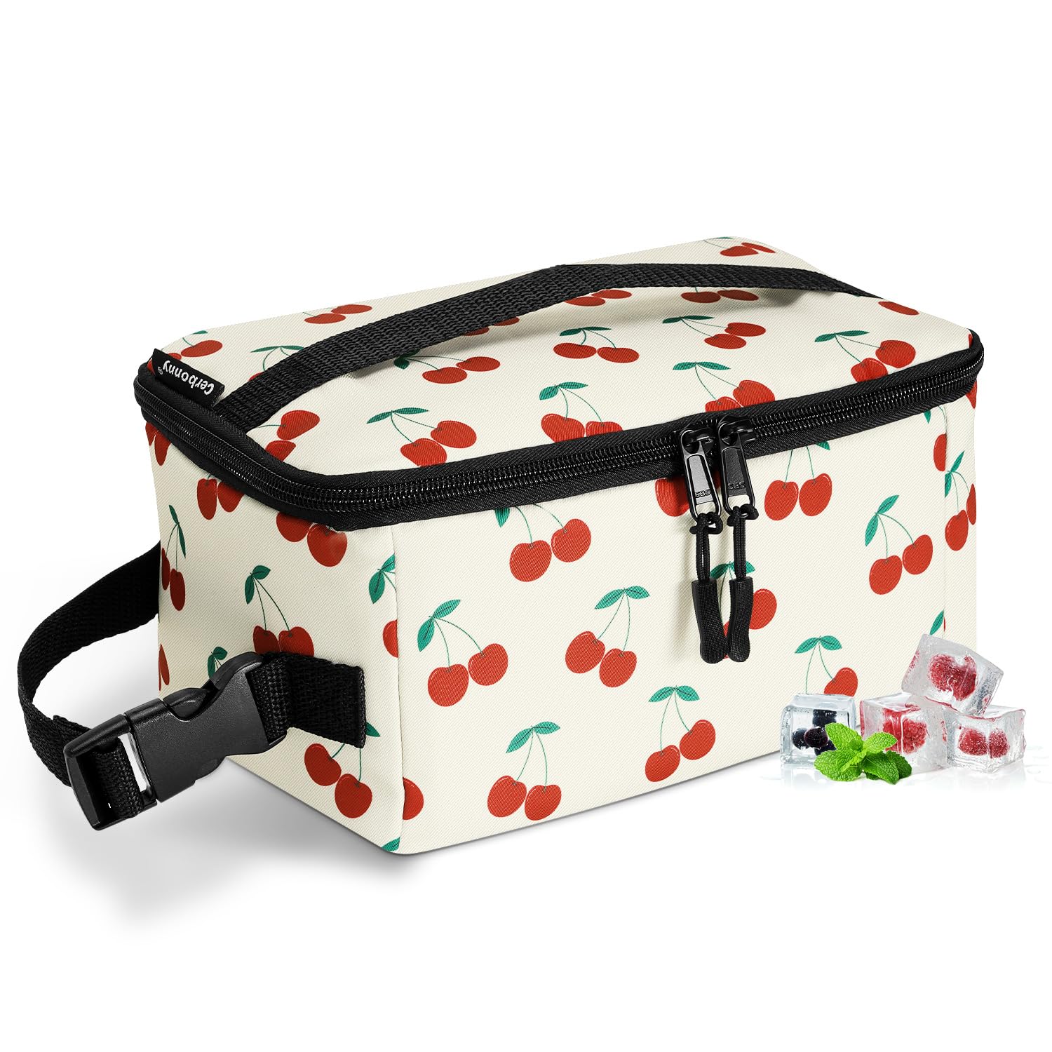 Cerbonny Small Lunch Box,Freezable Snack Bag for Adults & Kids,Freezable Lunch Box,Insulated Snack Bag with Buckle Handle,Compact Lunch Box for Work School Travel(Cherries)