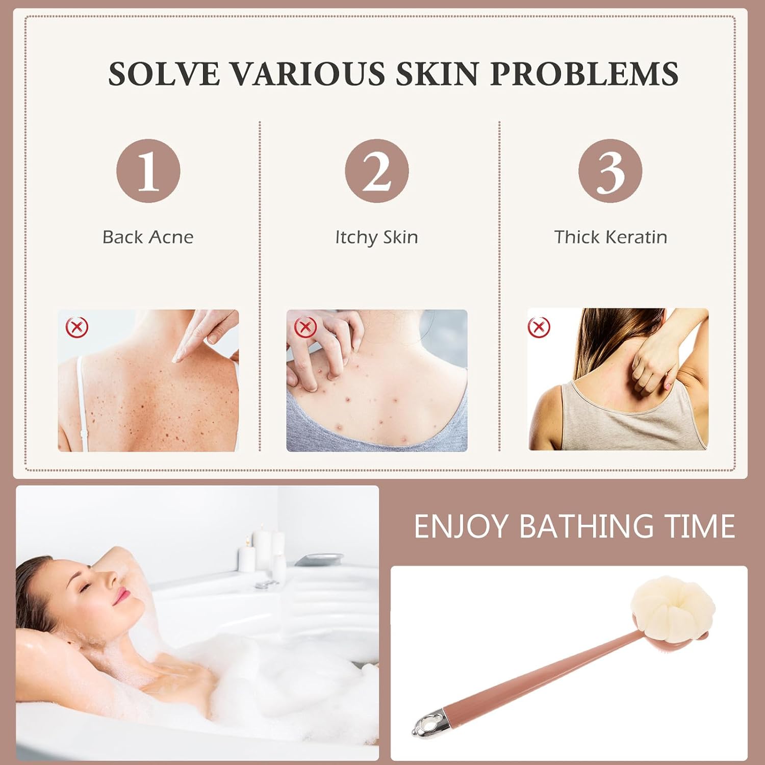 Dual-Side Silicone Bath Back Scrubber with Long Handle, Red Shower Brush for Exfoliating and Deep Cleansing, Body Wash Brush Suitable for Wet and Dry Use