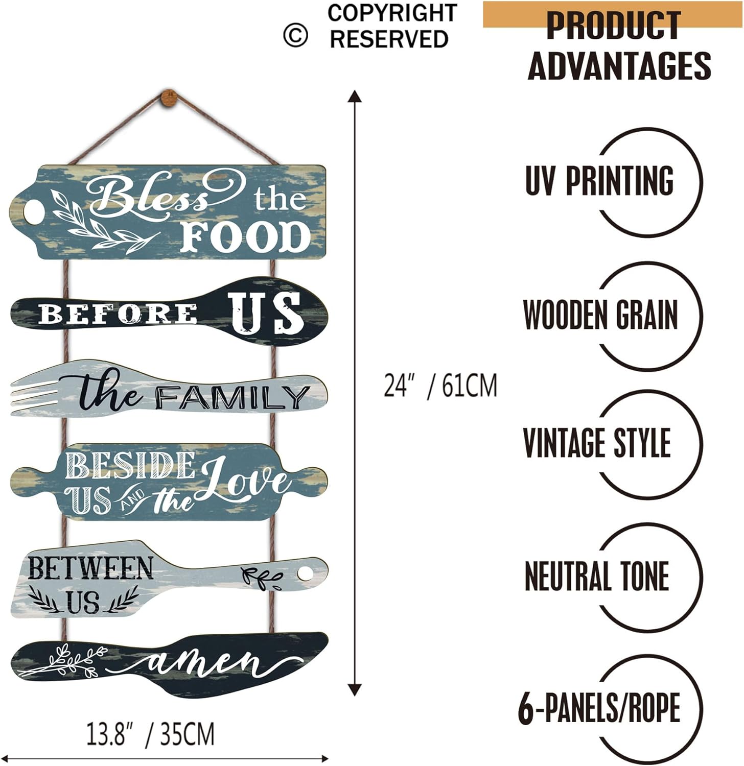 Bless the Food Before Us Farmhouse Kitchen Wall Decor - Dining Room Decorations Collage Wall Art in Neutral Teal/Aqua Color - Wooden Rustic 6pcs Roped Sign 25x14 Inches Vertical