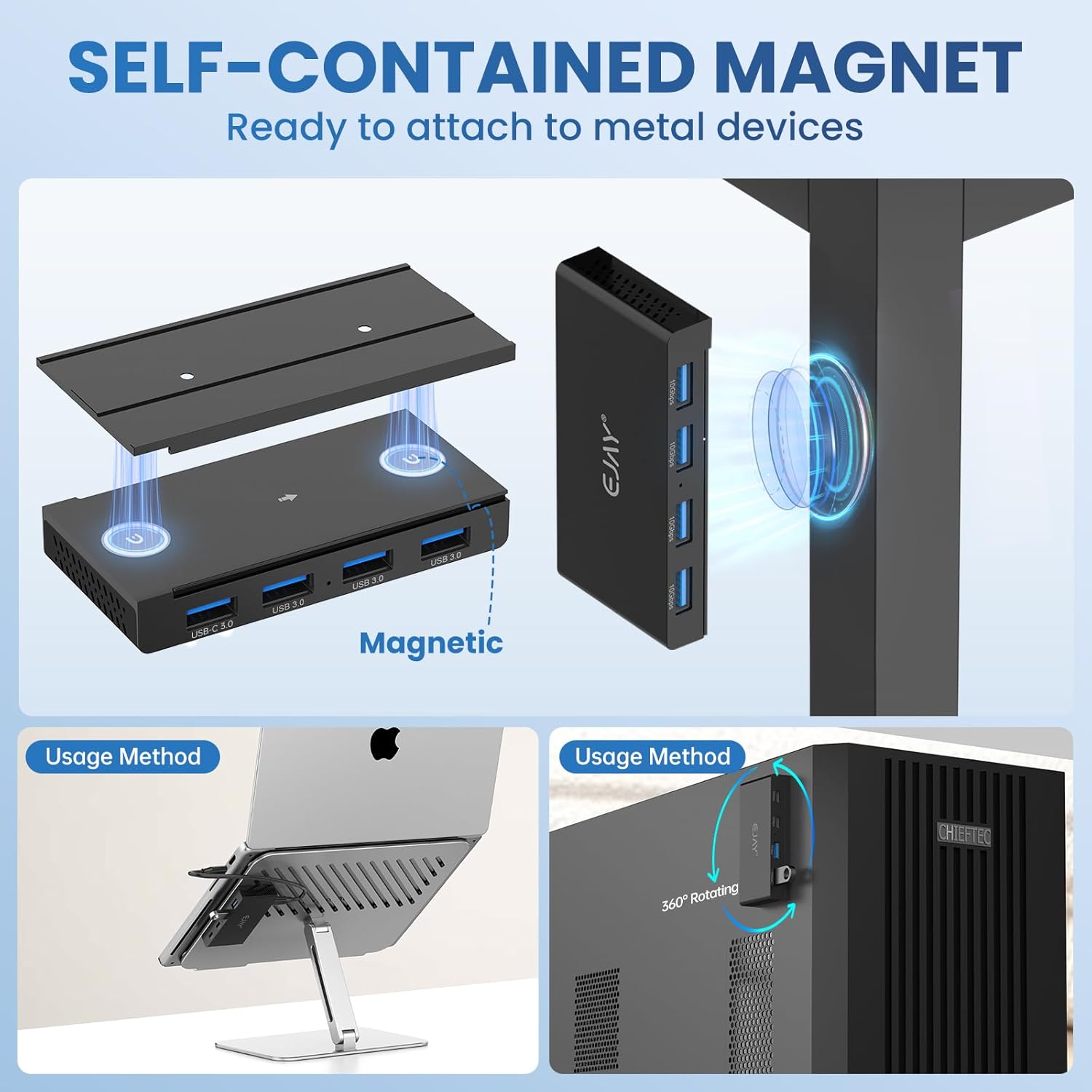 EJAY 4-Port Magnetic USB 3.0 Hub, 5Gbps High-Speed Data Transfer, Includes 2 Packs Sliding Rail, Screws & Sticky Pads for MacBook Laptop PC